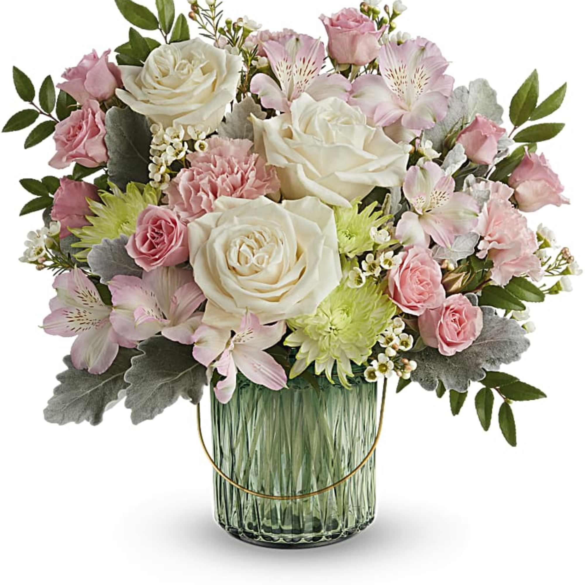 Pink and white flower arrangement in a green glass vase