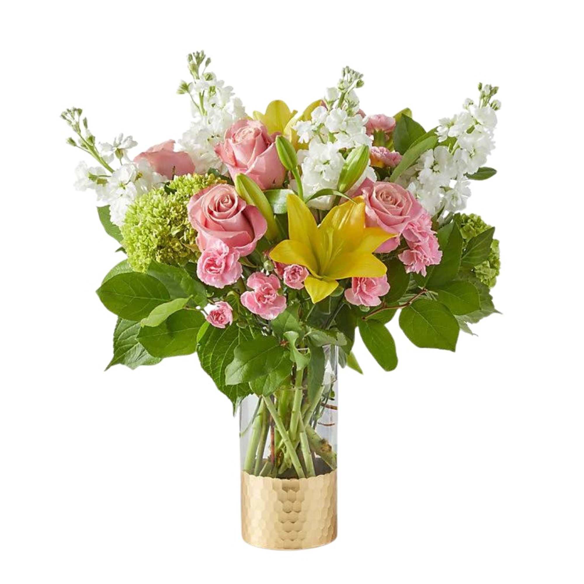 Pink roses and white flowers in a glass vase with a gold wrap