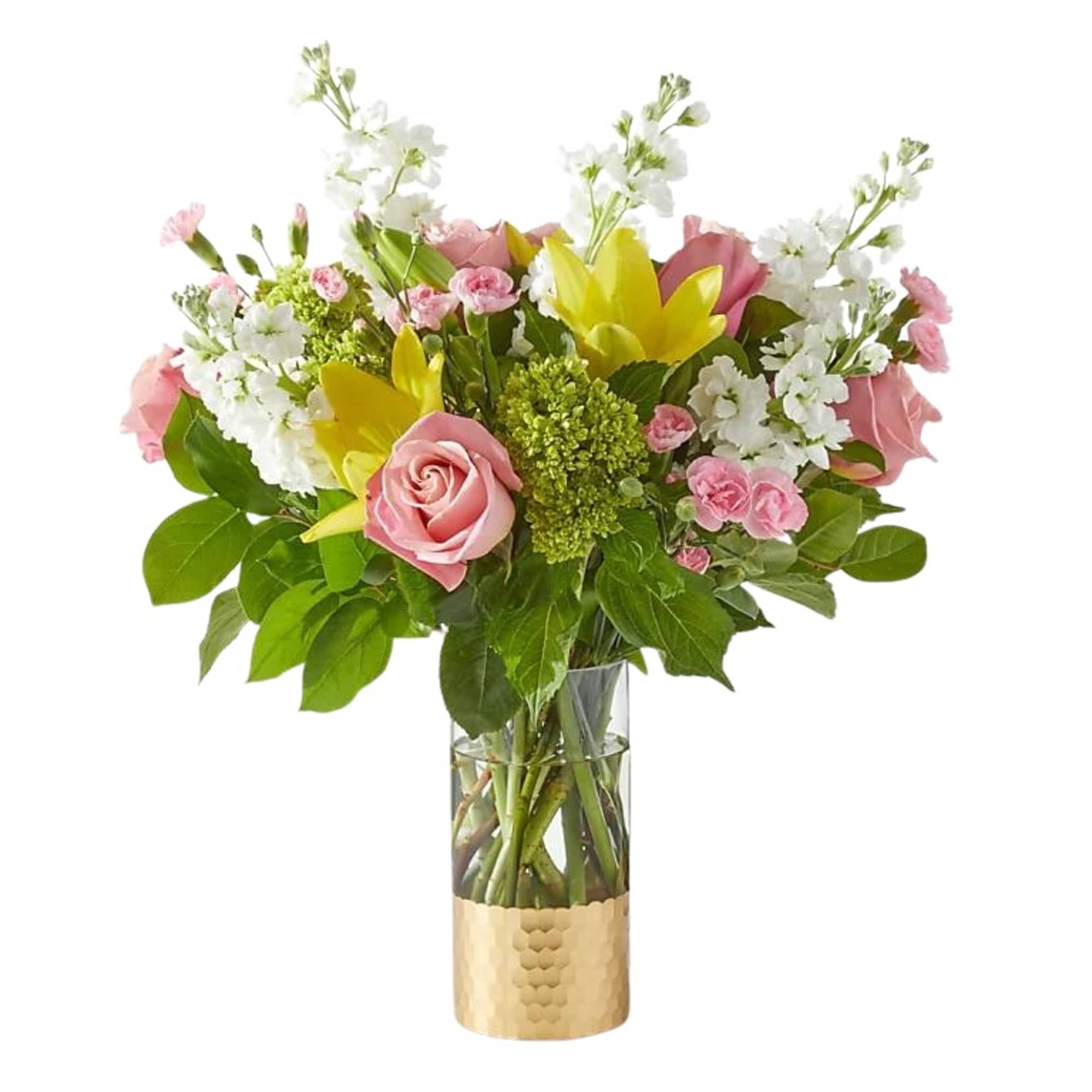 Pink and yellow mixed bouquet in a clear glass vase