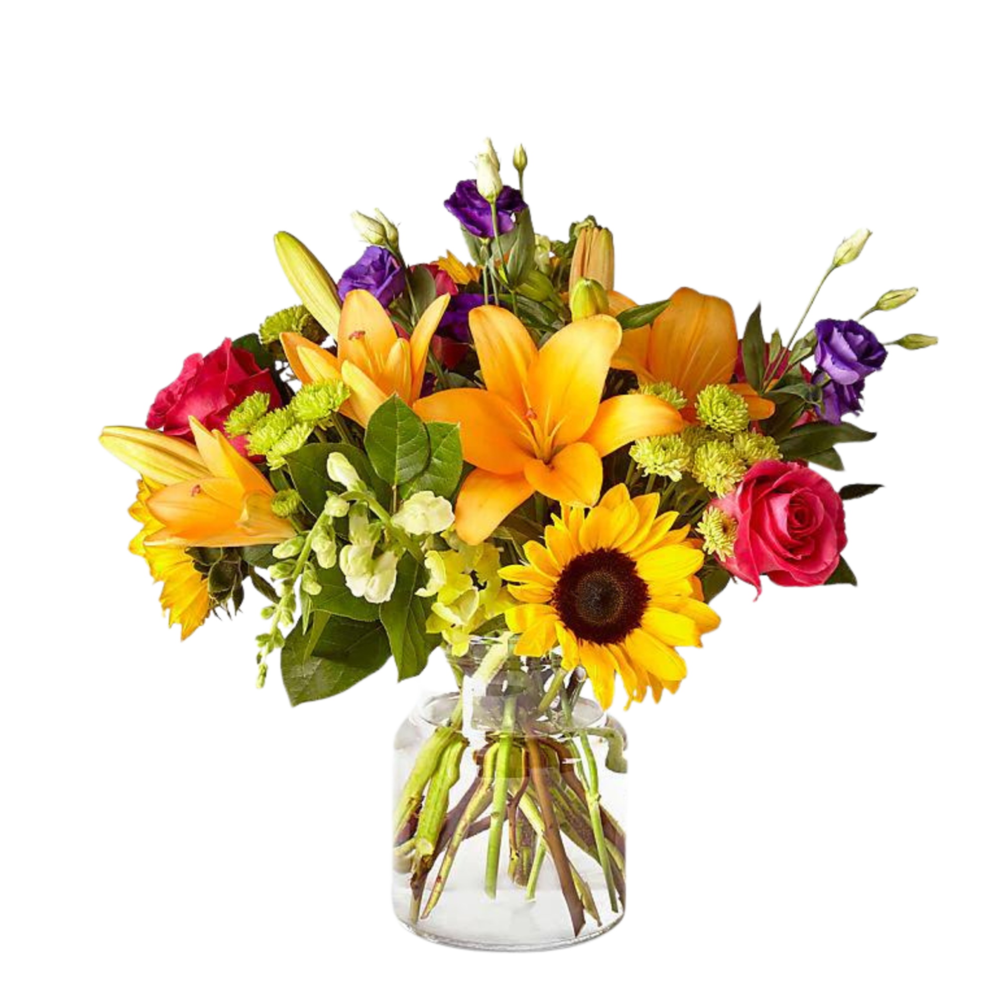 Mixed bouquet of lilies, roses, and a sunflower in a clear glass vase