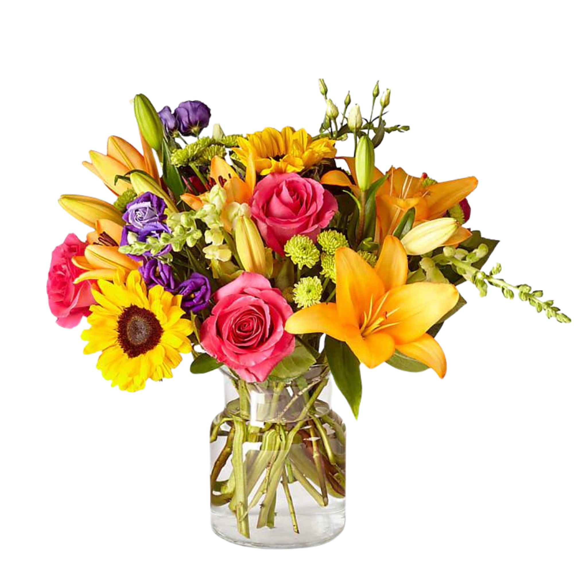 Mixed bouquet of roses, lilies, and sunflowers in a clear glass vase