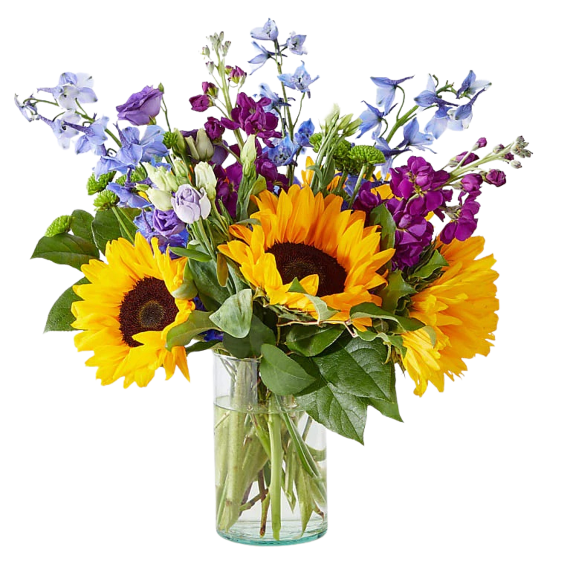 Bouquet of sunflowers, blue flowers, and purple blooms in a glass vase