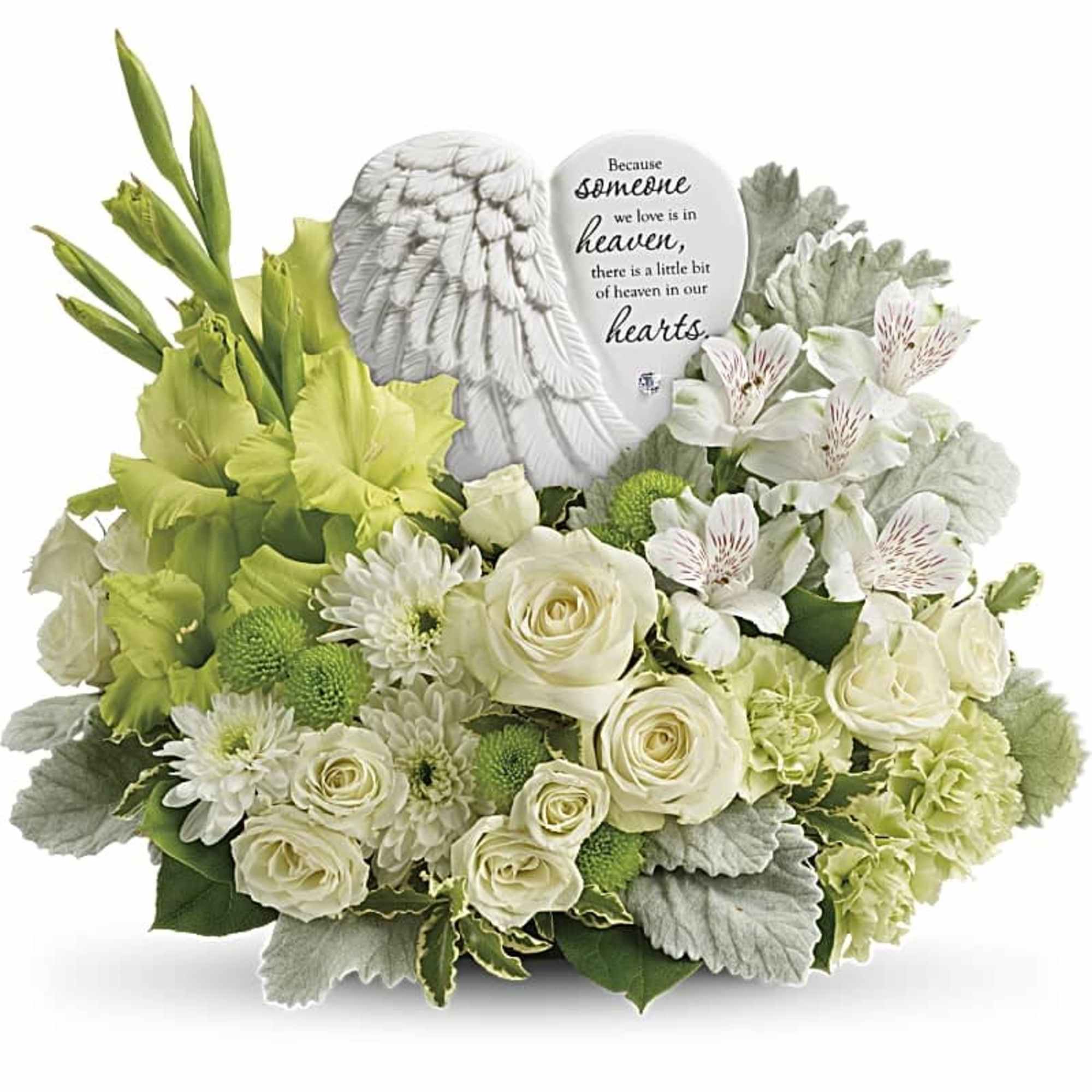 White floral sympathy arrangement with angel plaque