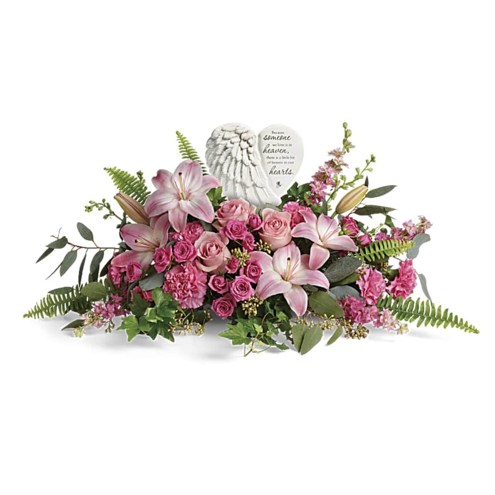 Pink lily and rose sympathy arrangement with a memorial angel plaque