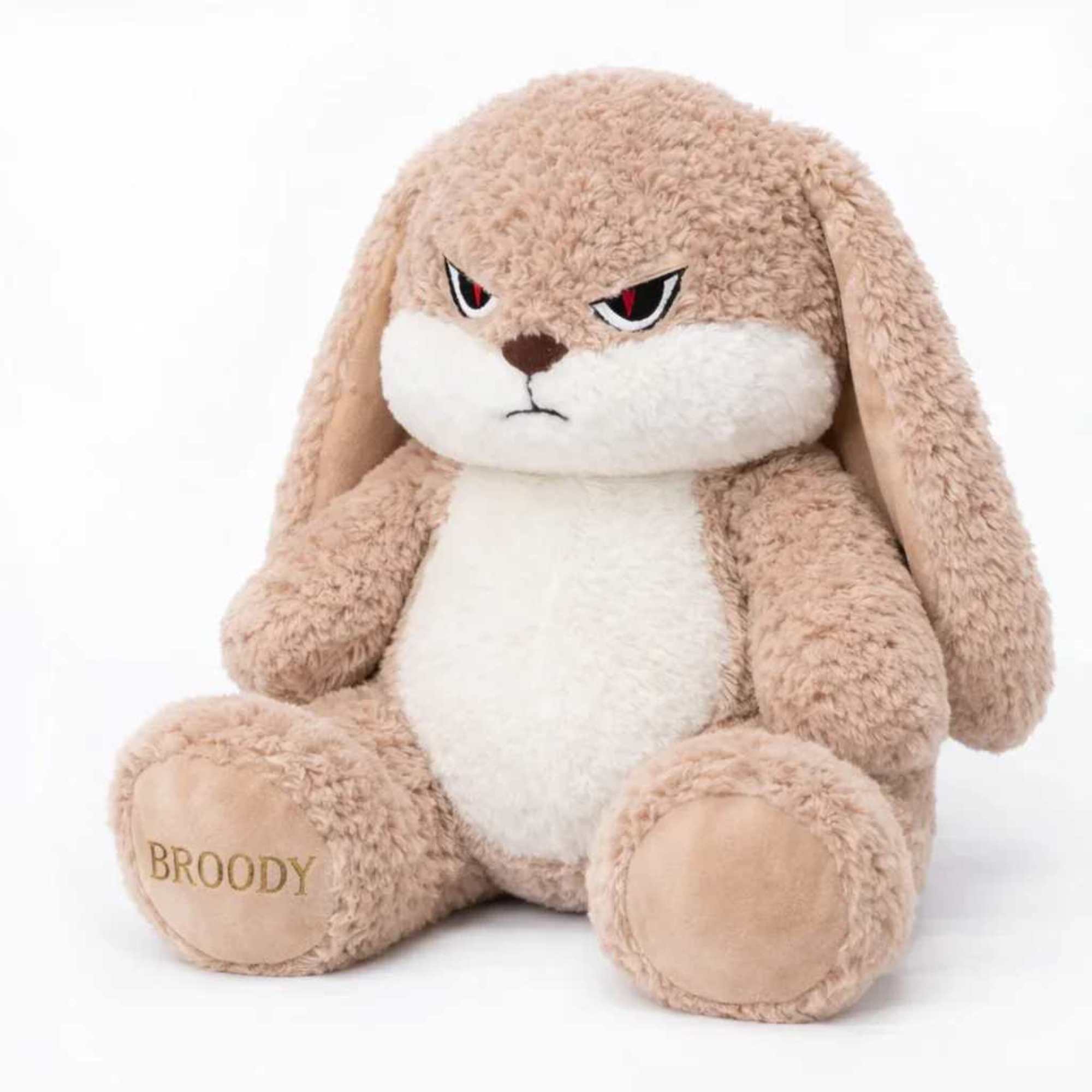 Plush bunny stuffed animal with a stern expression and long ears