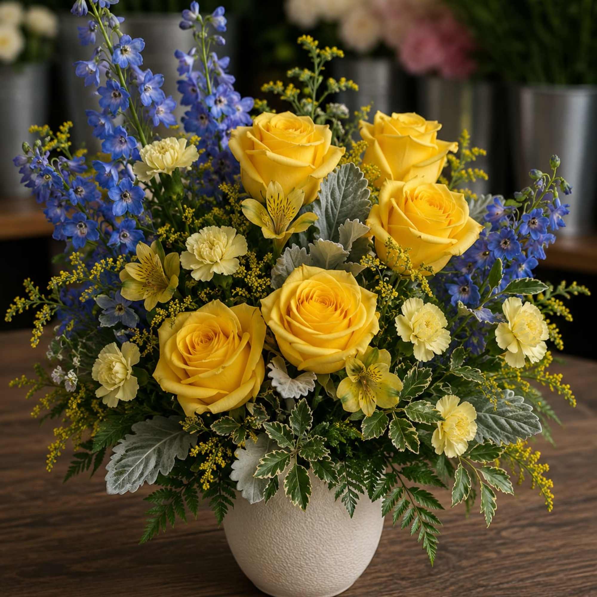 Yellow roses and blue flowers arranged in a white vase