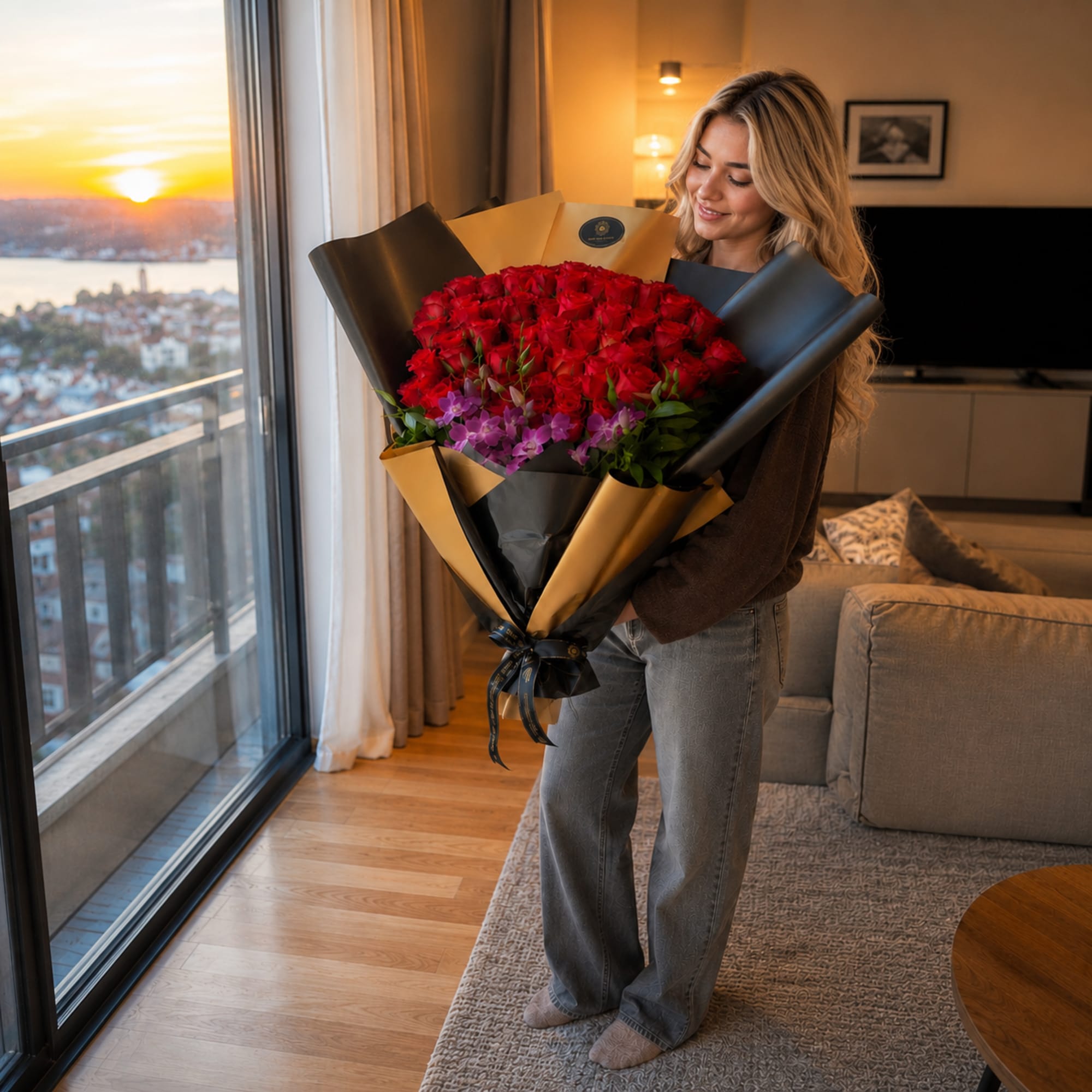 Woman holding a large bouquet of red and purple flowers wrapped in black and gold paper