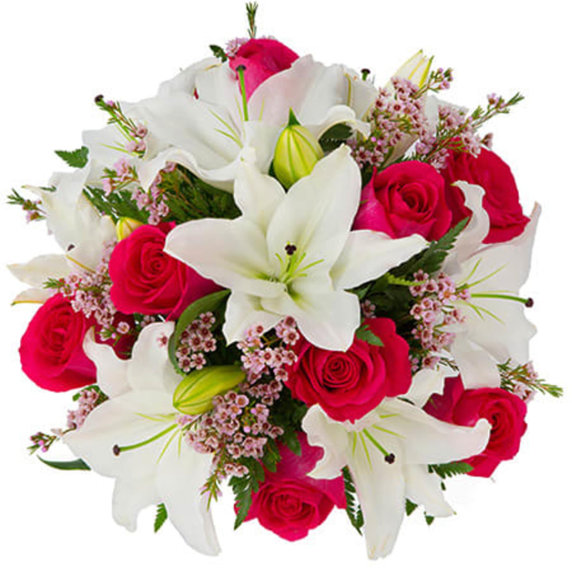 Round bouquet of white lilies and bright pink roses with small pink filler flowers