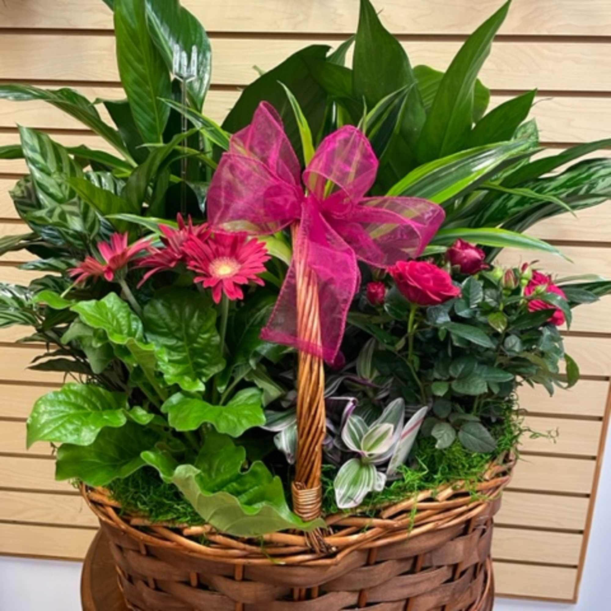 Basket arrangement with pink flowers and assorted green plants