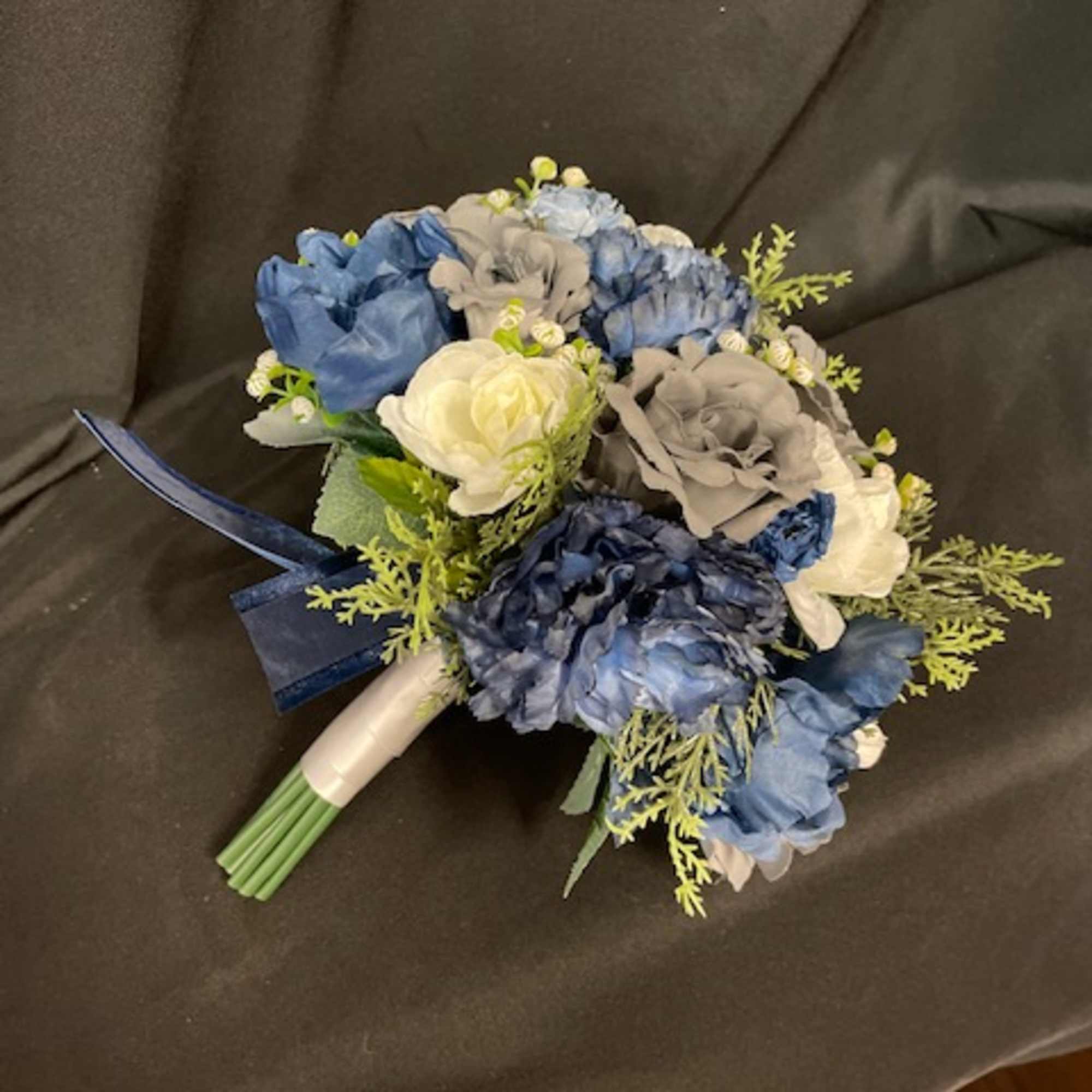 Blue and white bouquet with ribbon wrap