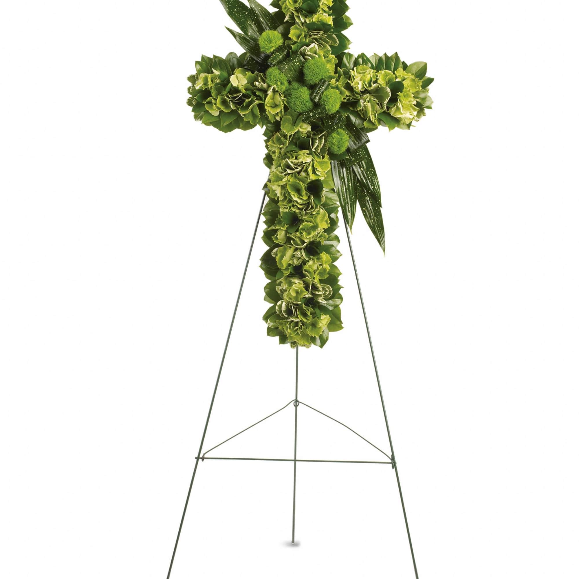 Green floral cross on a metal easel stand