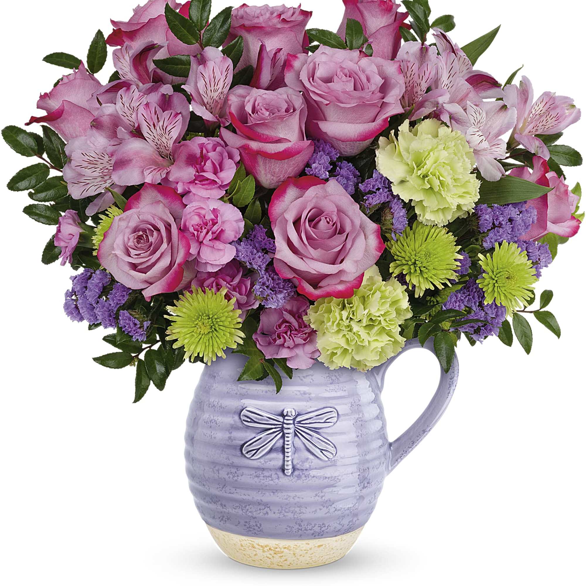 Pink rose bouquet in a lavender pitcher vase