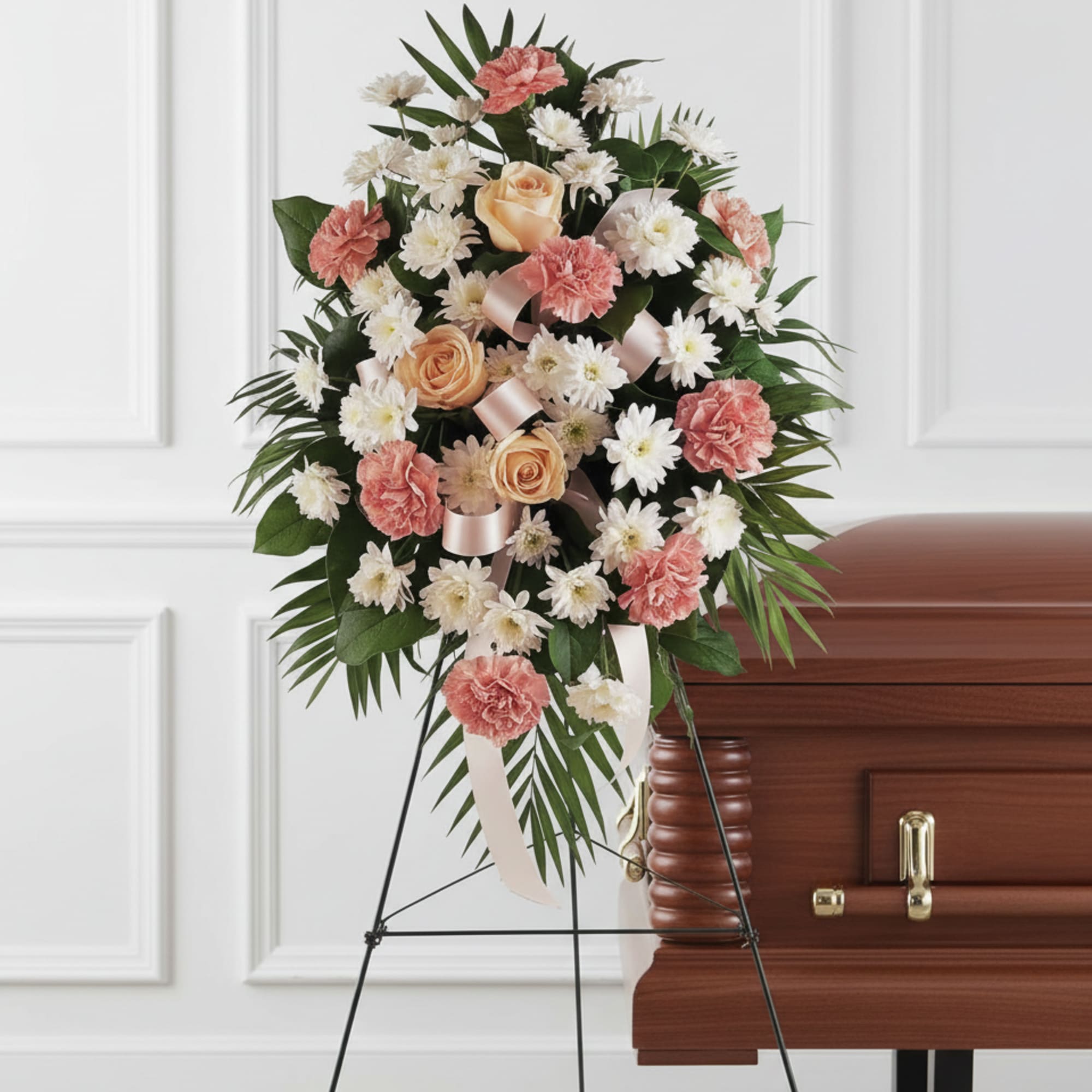 Standing spray of peach roses, pink carnations, and white daisies on an easel beside a casket