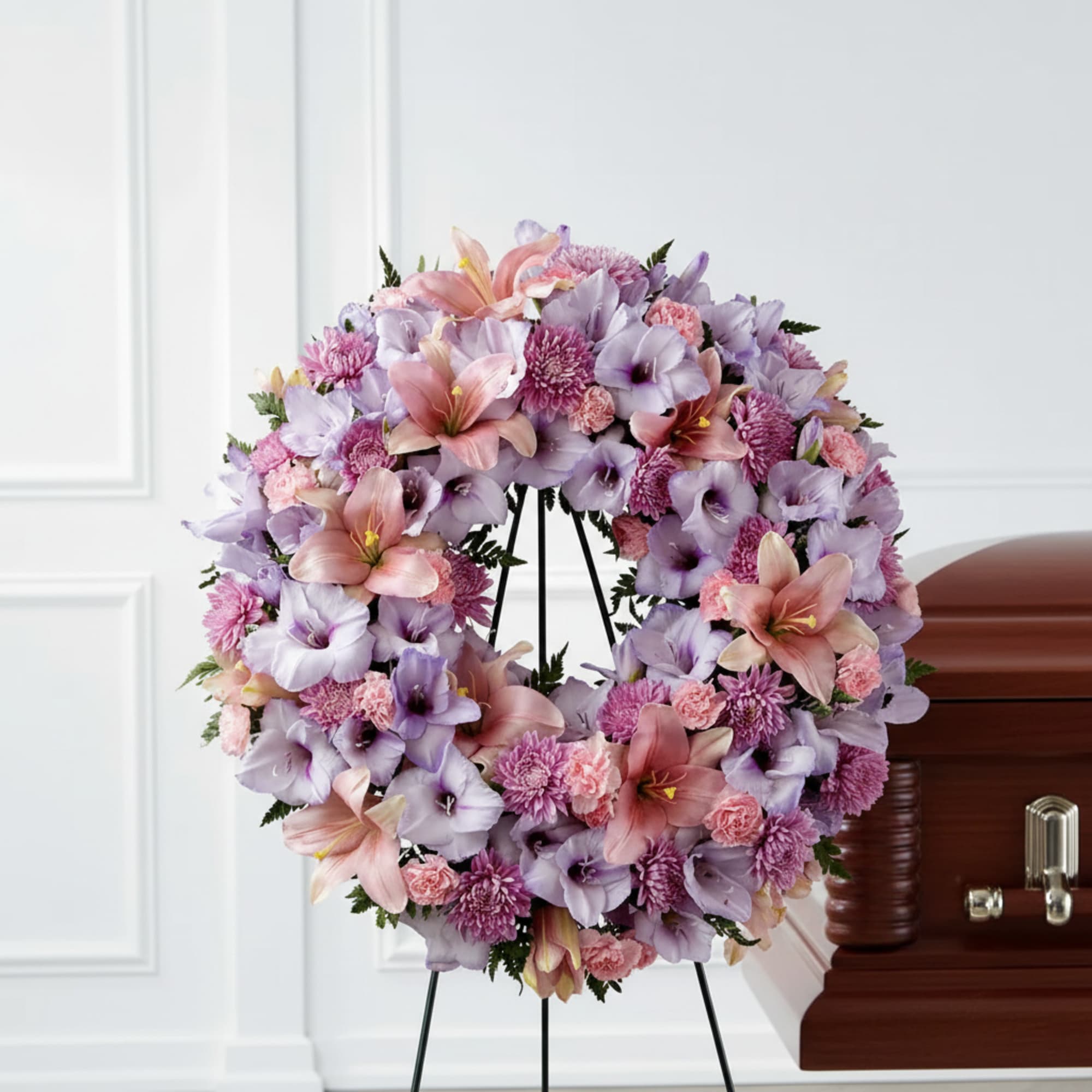 Lavender and pink floral funeral wreath on a stand beside a casket