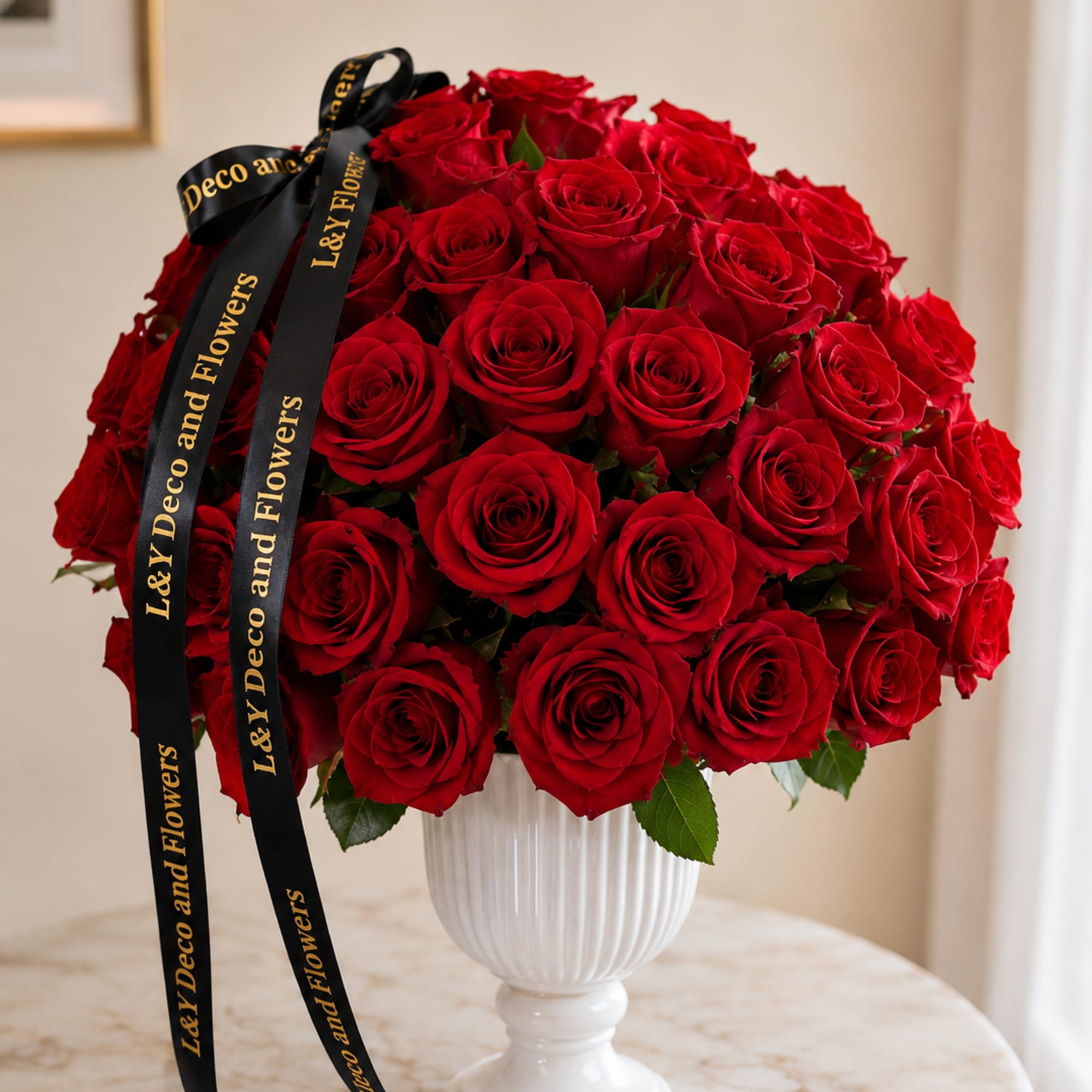 Red rose bouquet in a white pedestal vase with black ribbon