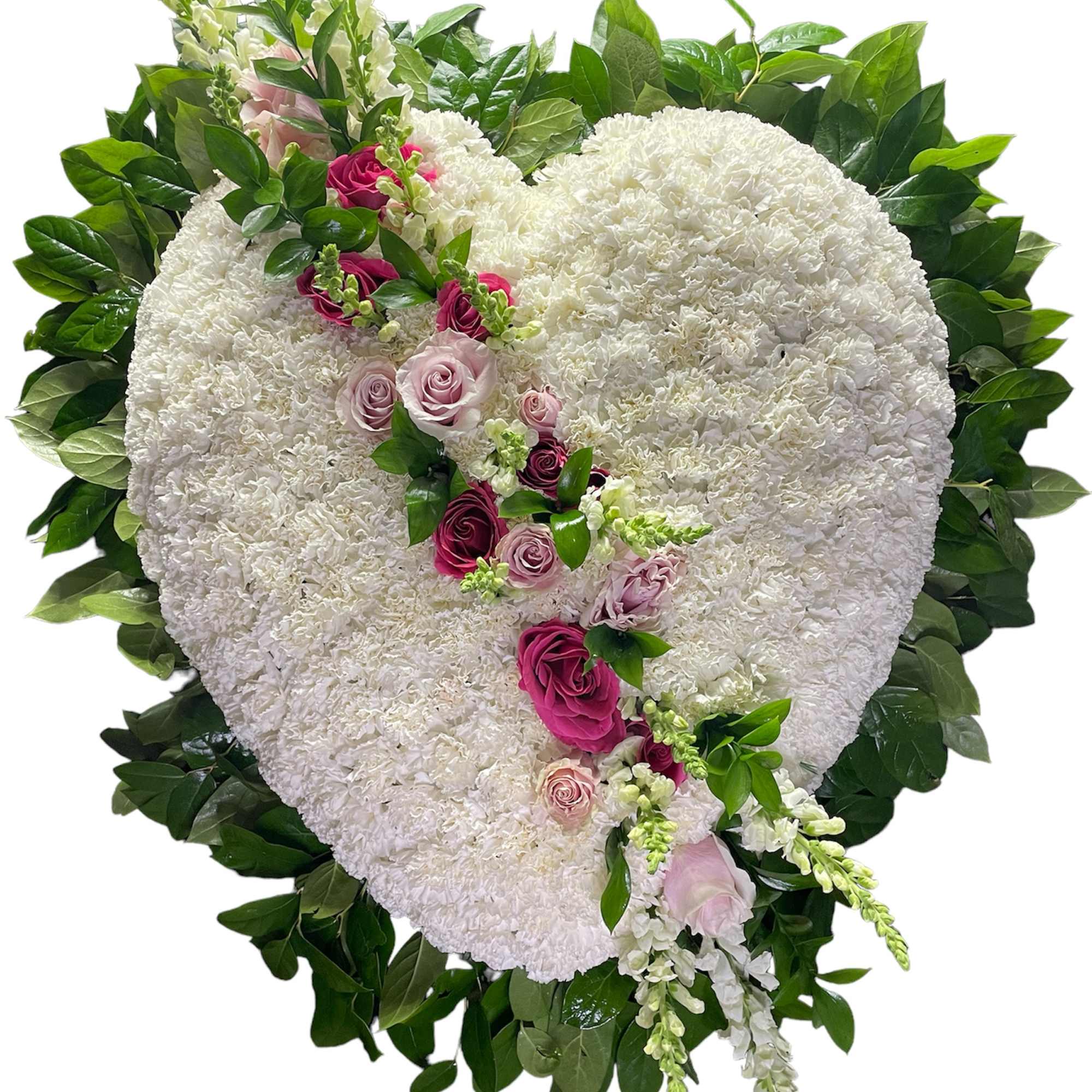 Heart-shaped white floral arrangement with pink roses and greenery, photo 2 of 2