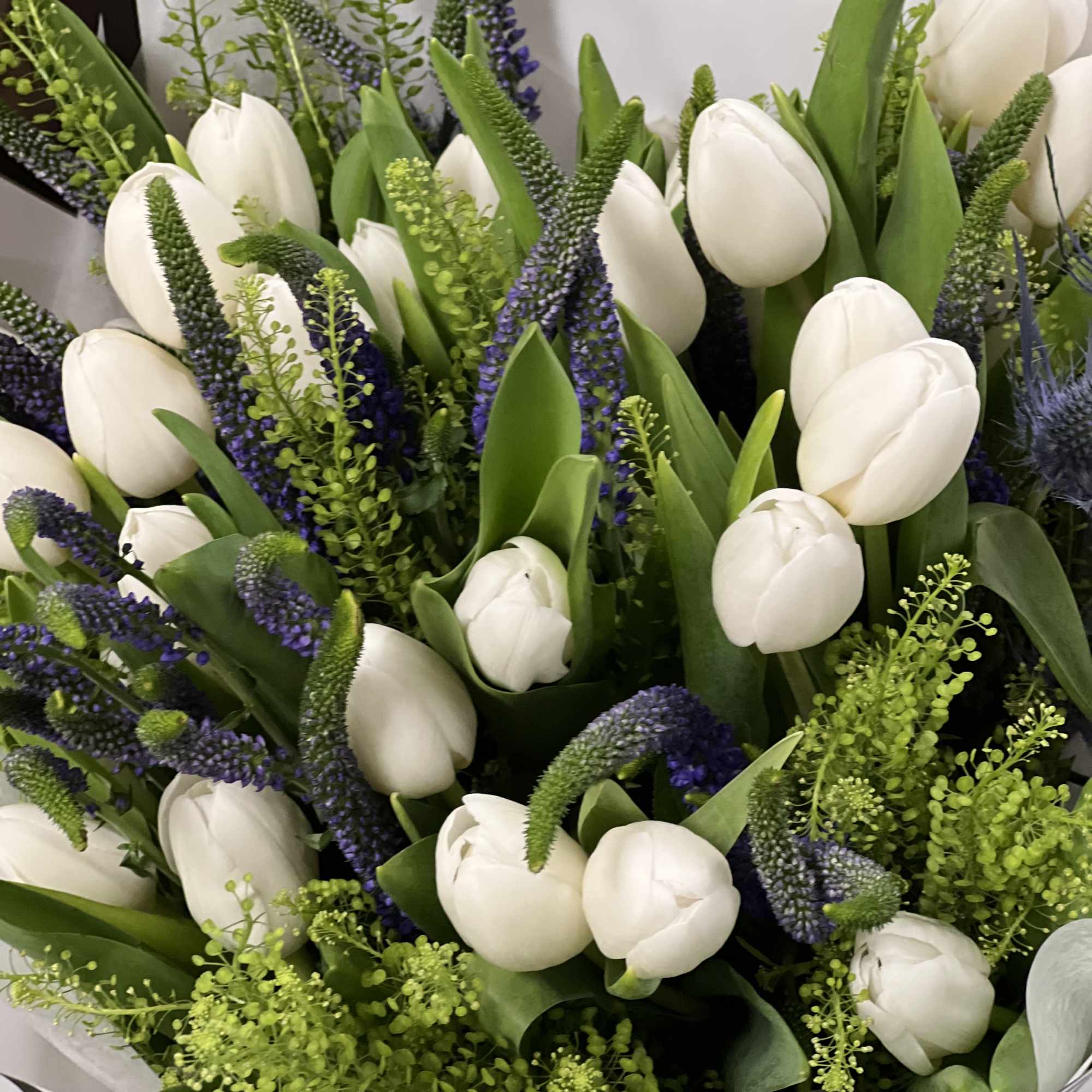 Bouquet of white tulips with purple spikes and green filler