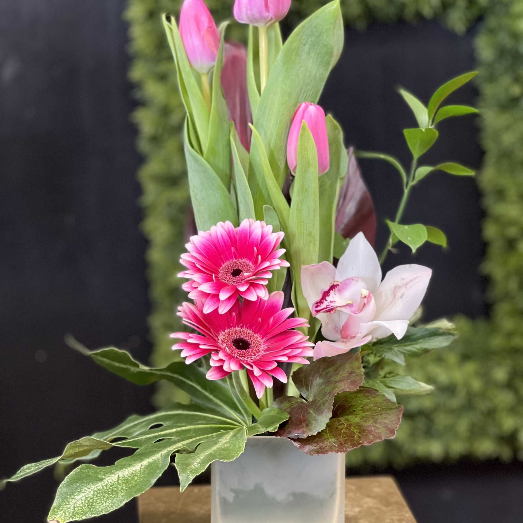 Pink tulips and gerbera daisies in a frosted square vase