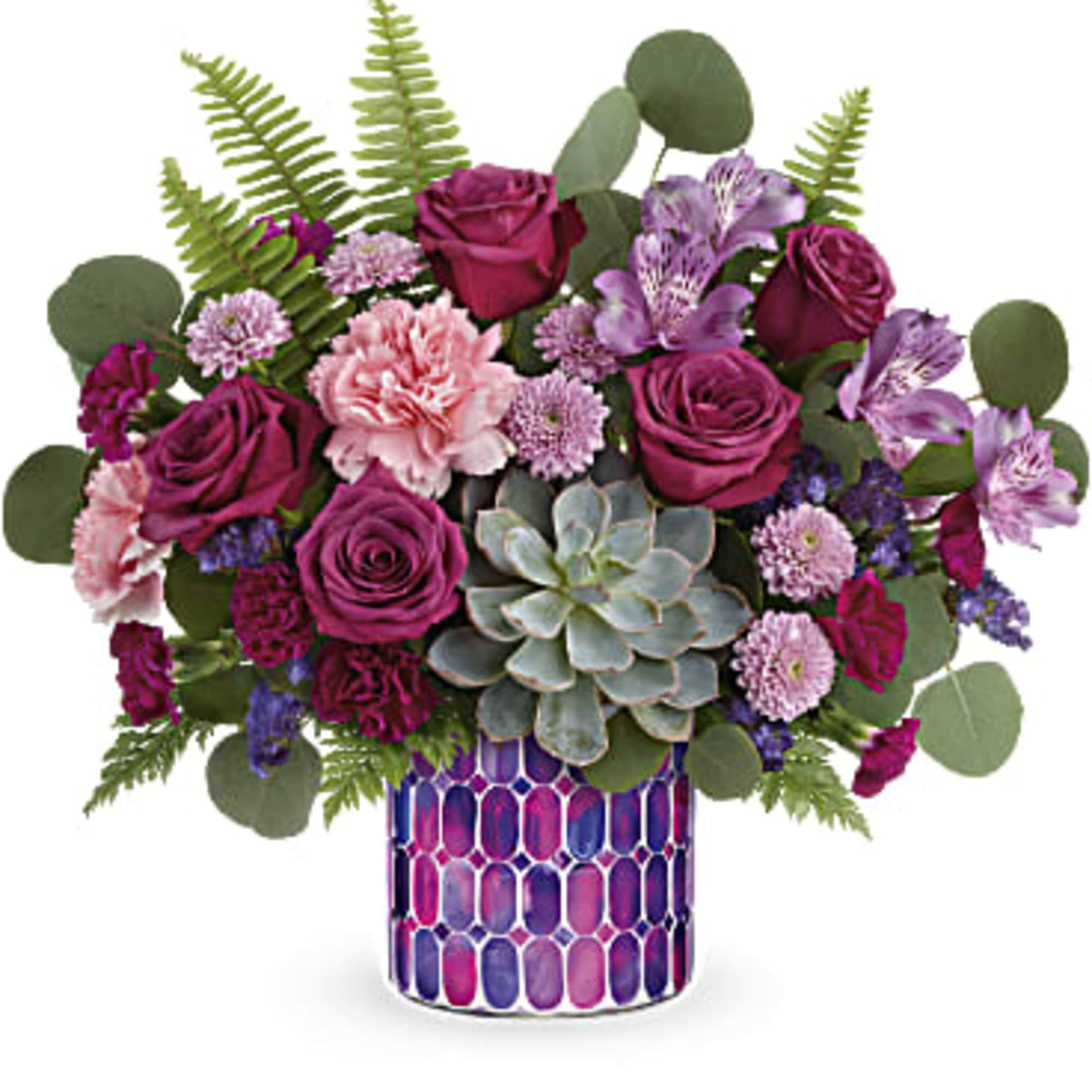 Purple rose bouquet with succulents in a mosaic glass vase