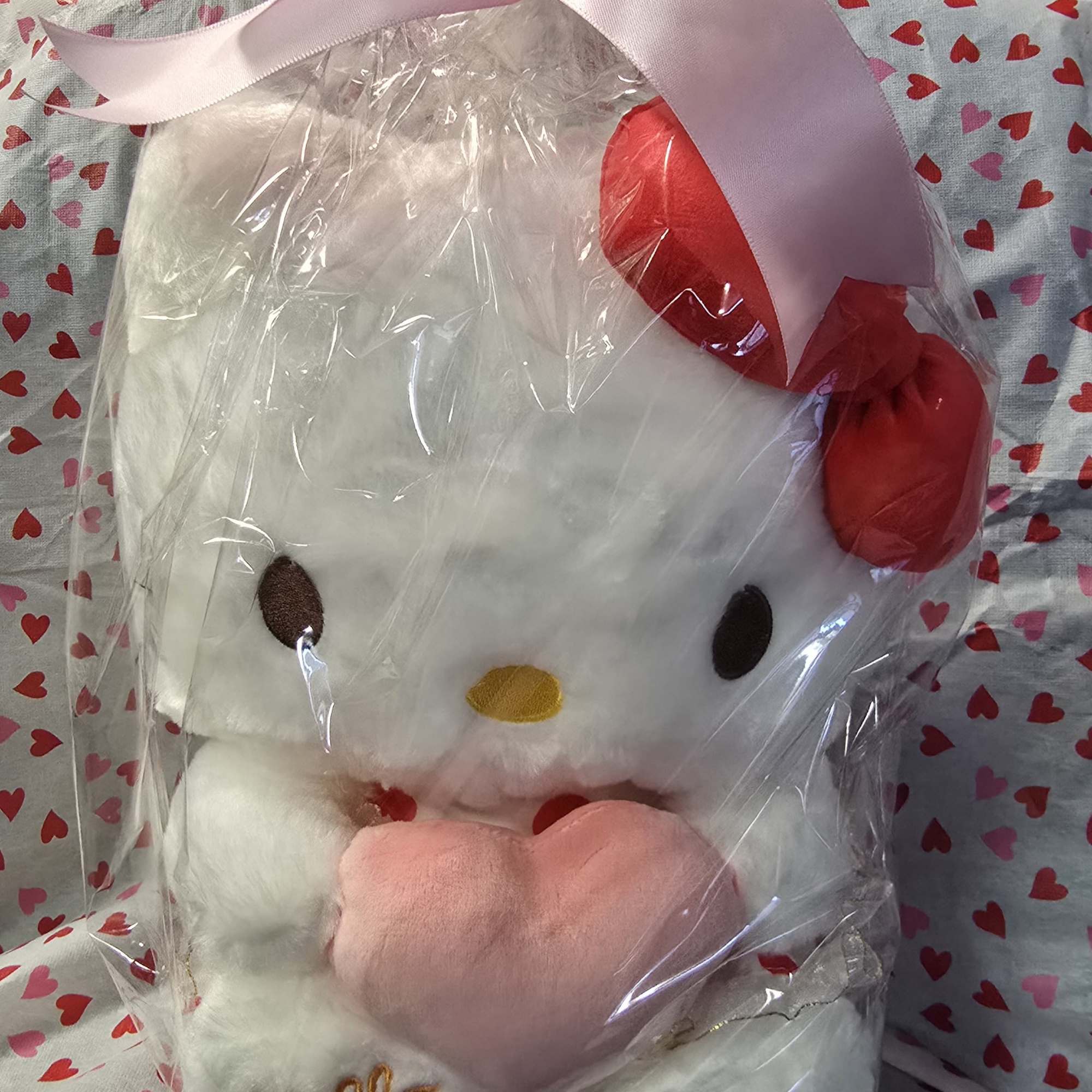 Plush Hello Kitty toy wrapped in clear plastic with a pink ribbon