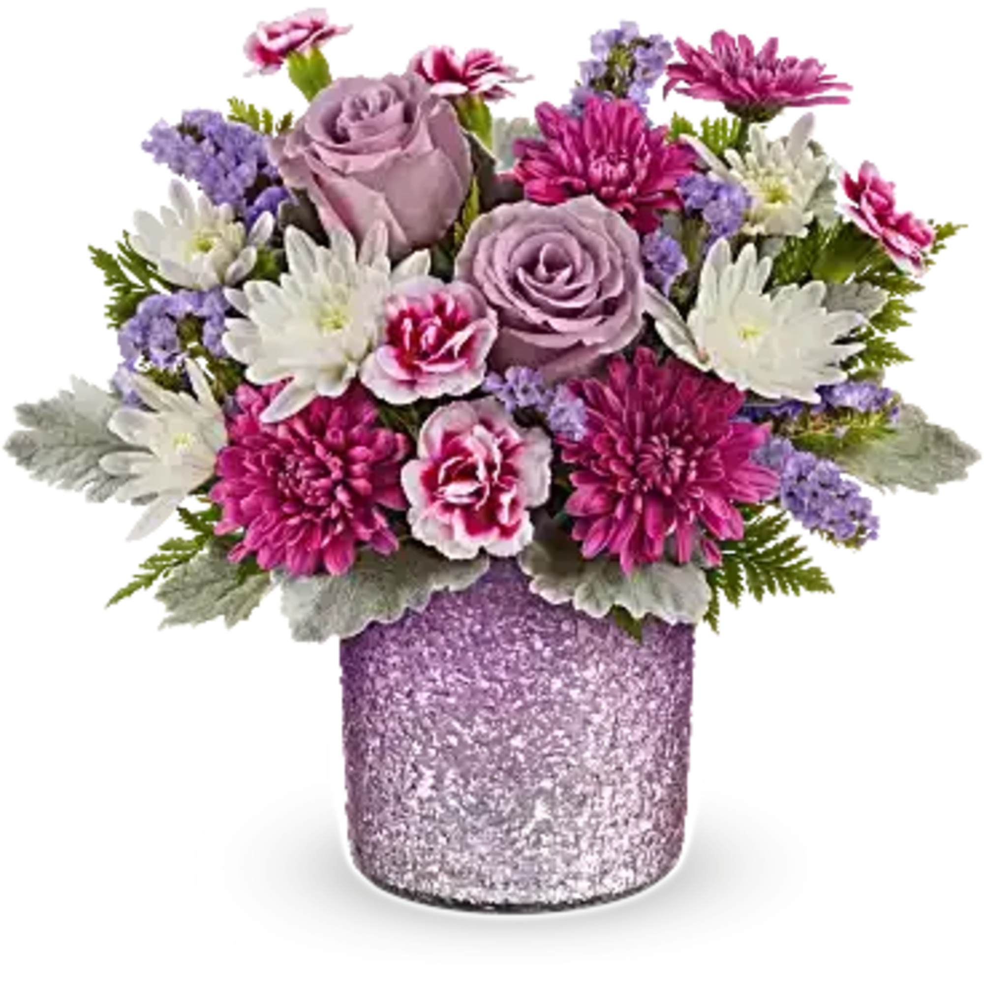 Bouquet of lavender roses, pink mums, and white daisies in a glittery vase