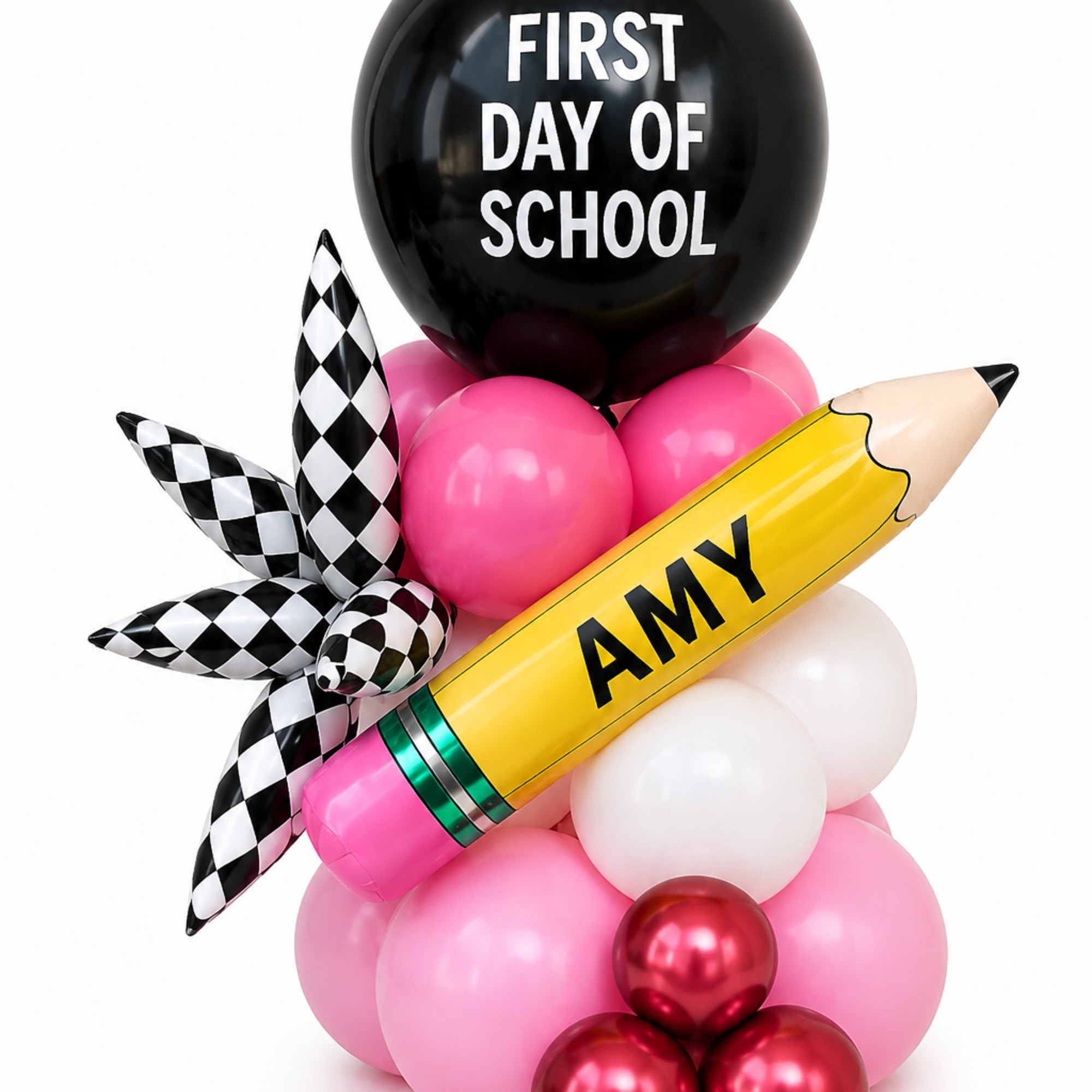 Balloon arrangement with a black "First Day of School" balloon and a yellow pencil balloon