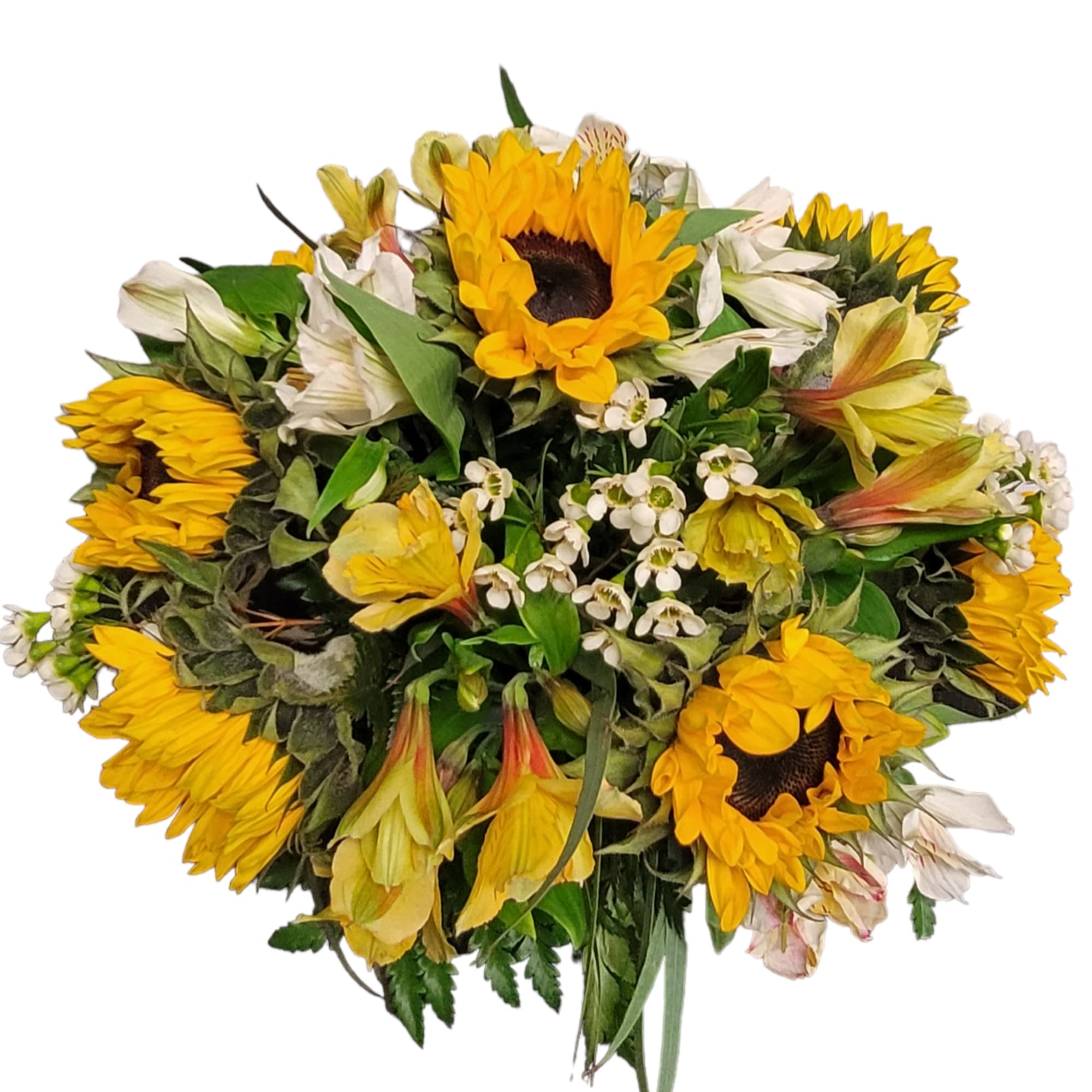 Bouquet of yellow sunflowers and white flowers with green foliage