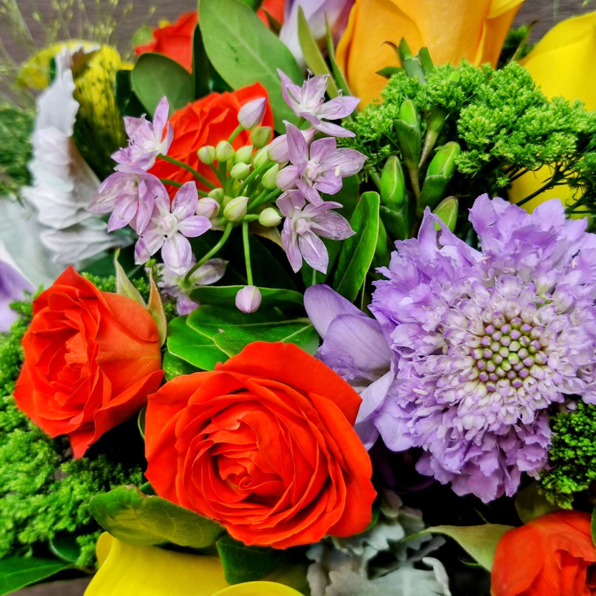 Assorted summer flowers and roses in playful color combinations.  Assortment and