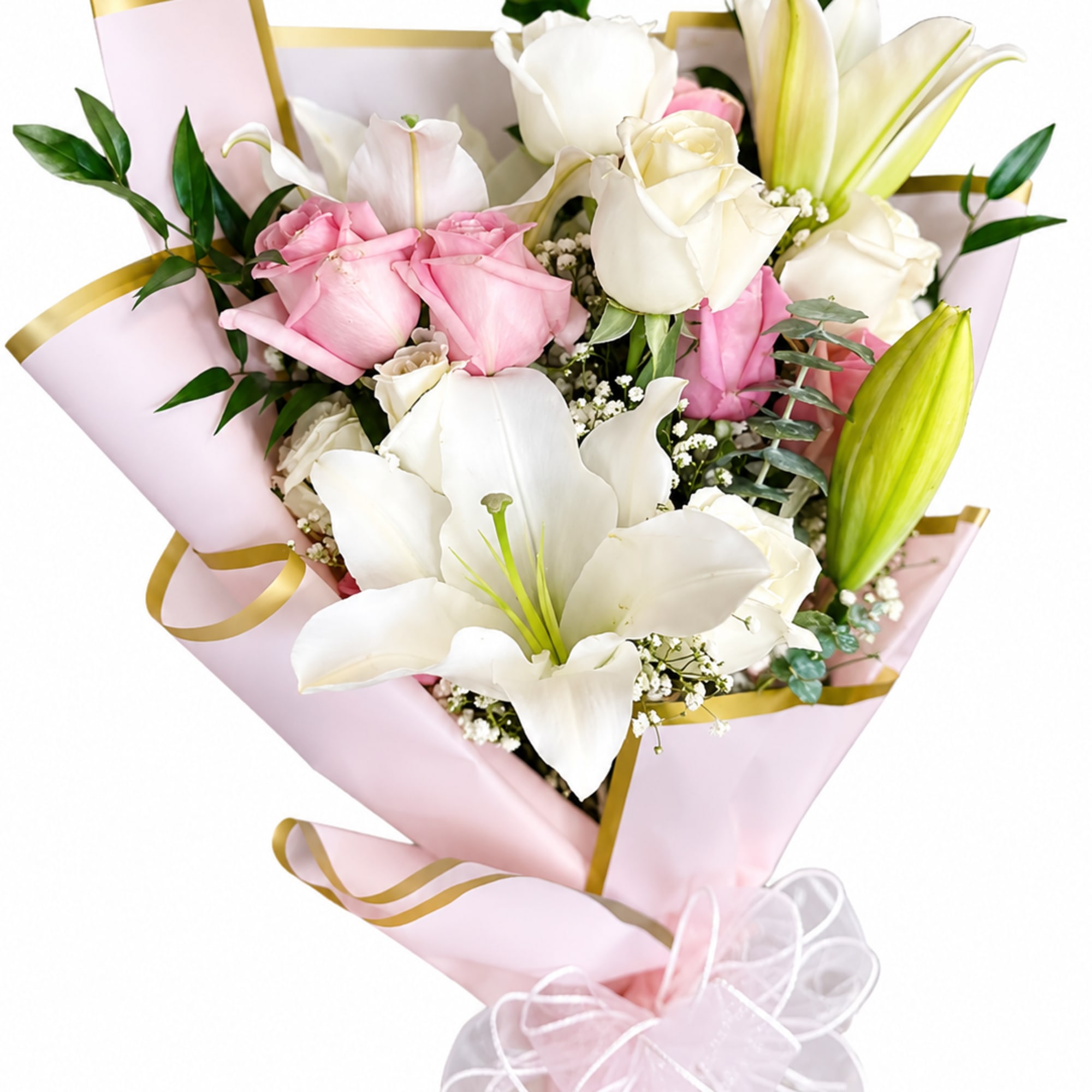 Pink and white bouquet with lilies and roses wrapped in pink paper
