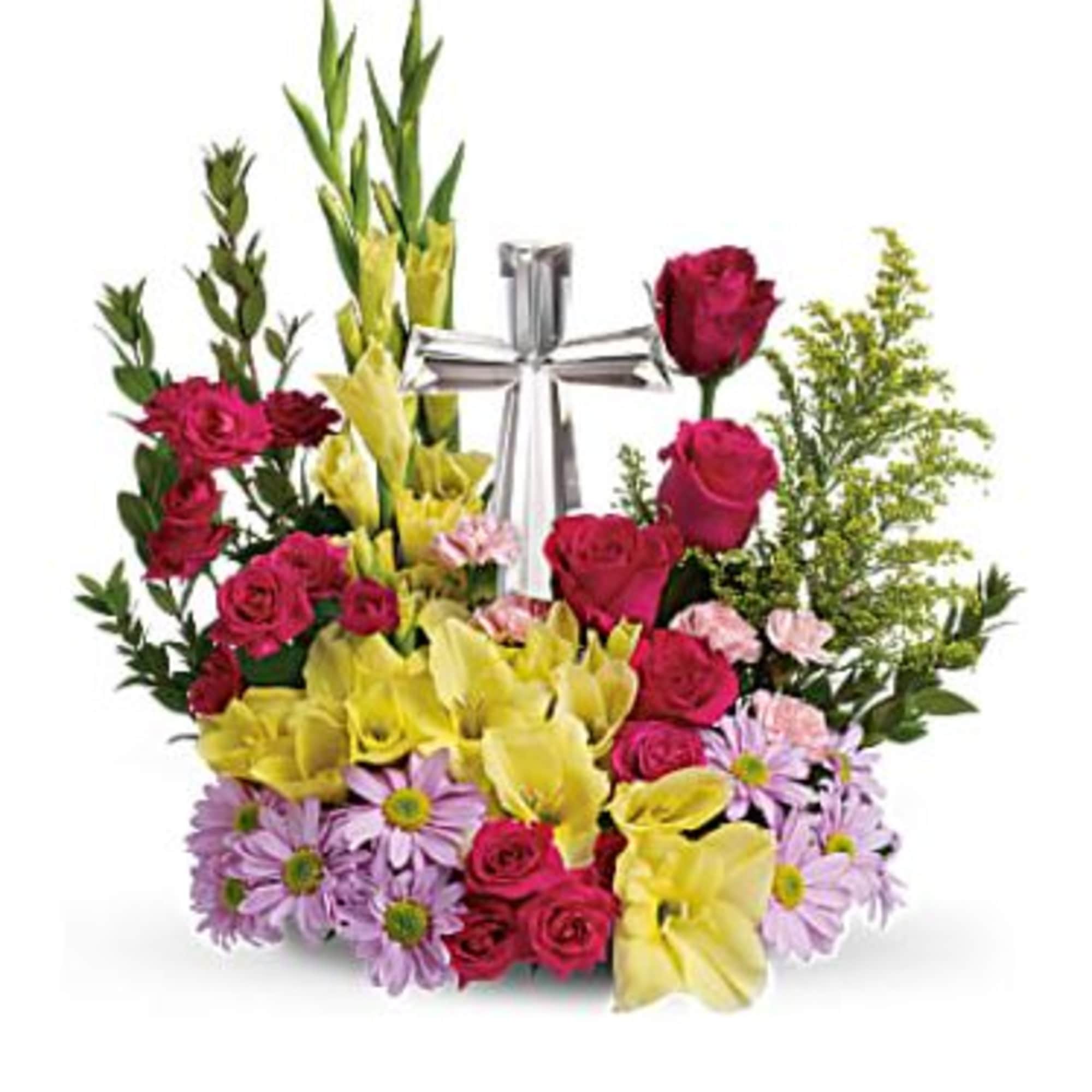 Mixed bouquet with roses, yellow calla lilies, and daisies around a silver ribbon