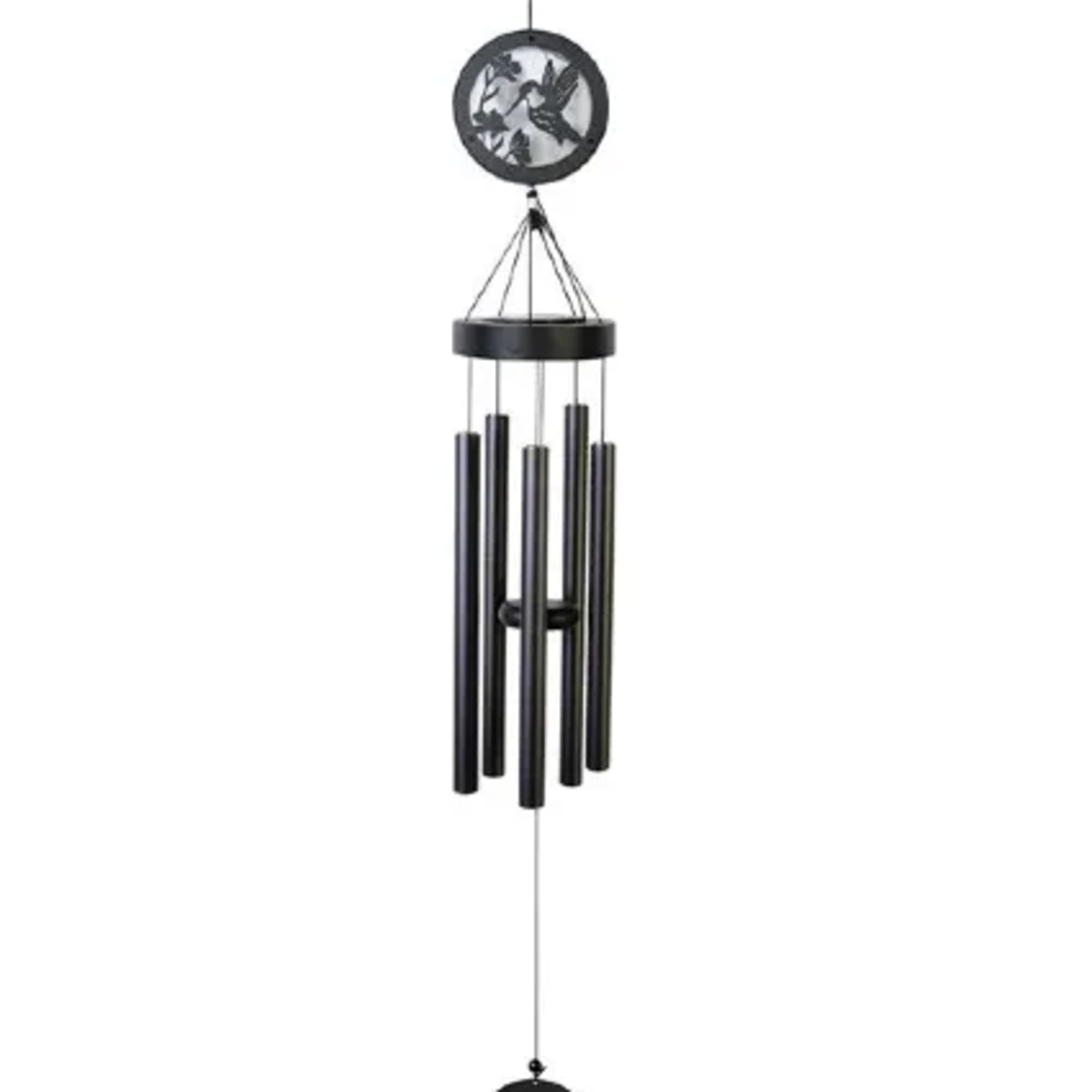 Black memorial wind chime with a hummingbird cutout and "In Loving Memory" disc
