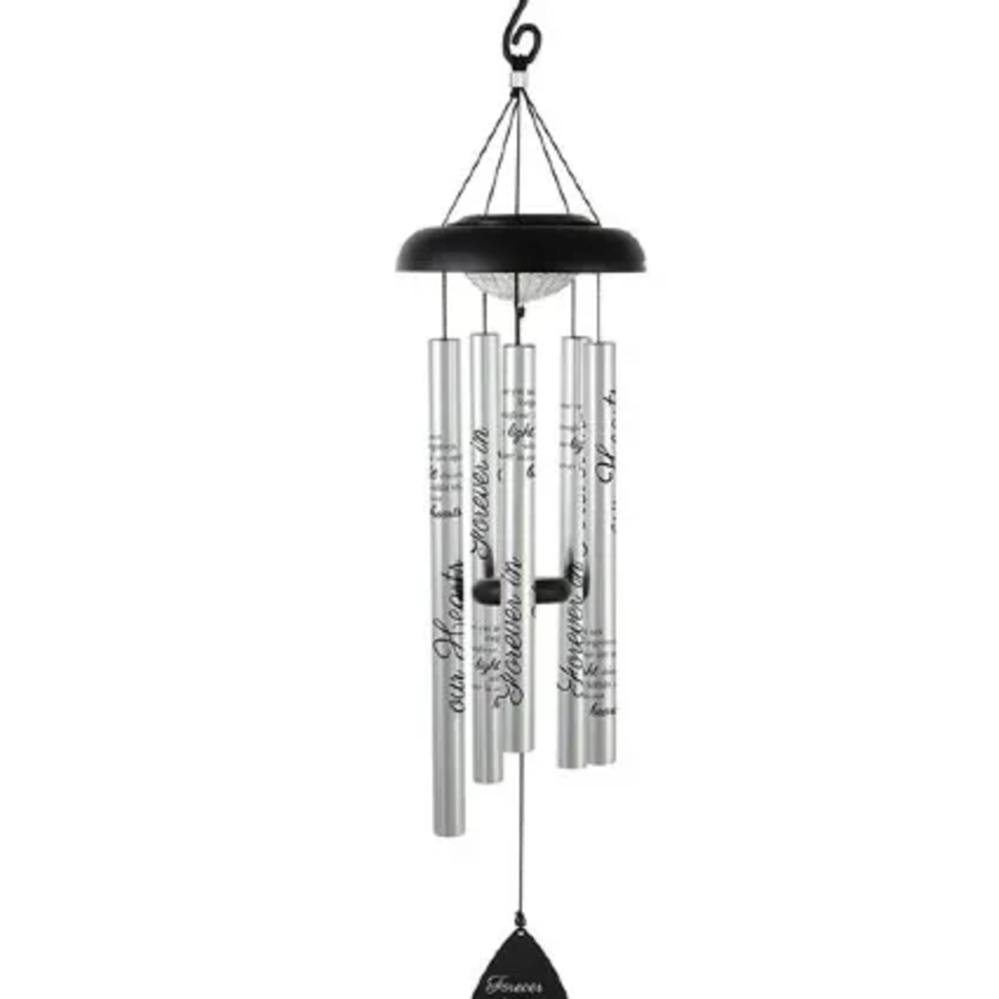 Black and silver memorial wind chime with engraved tubes and a dove charm