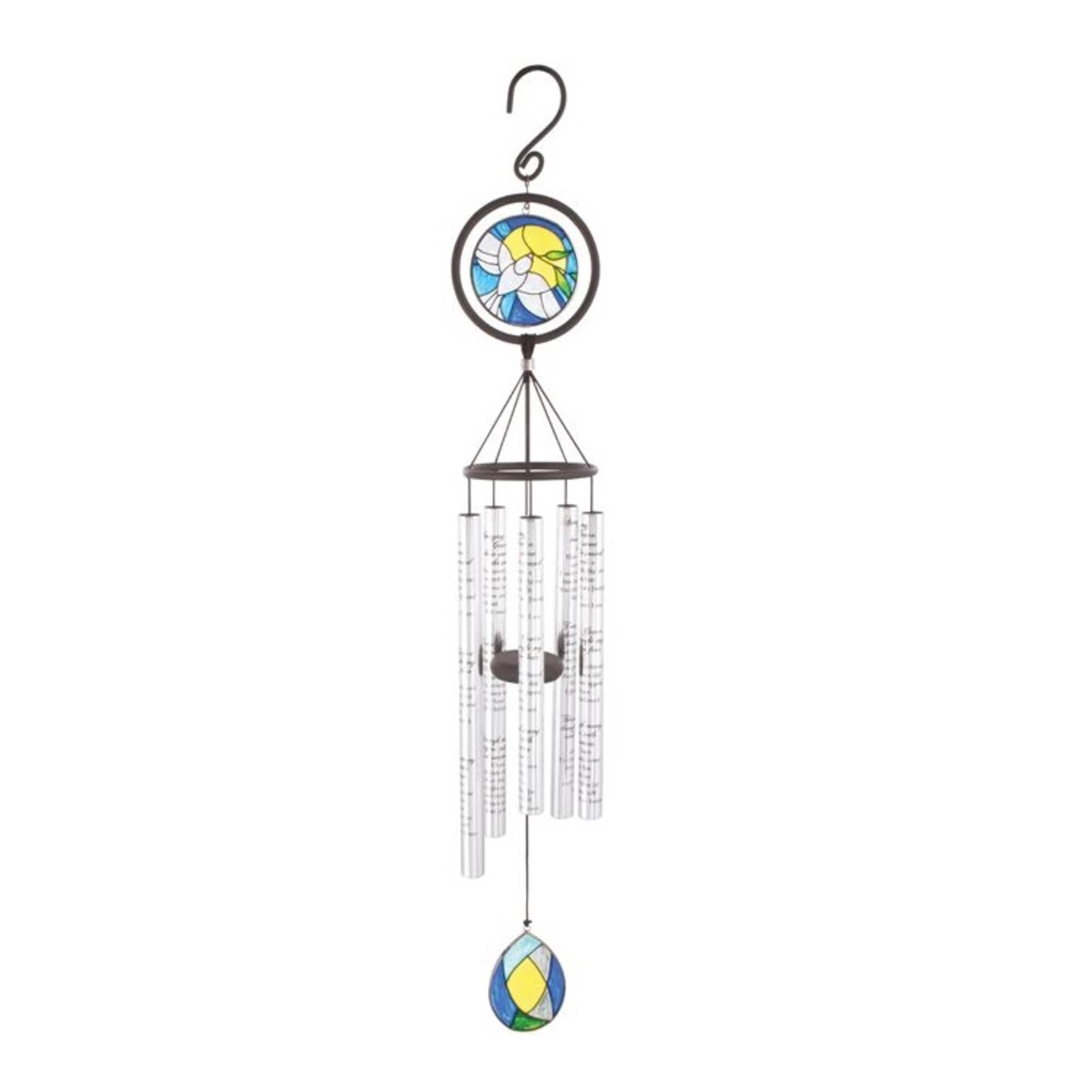 Hanging wind chime with stained-glass floral medallions