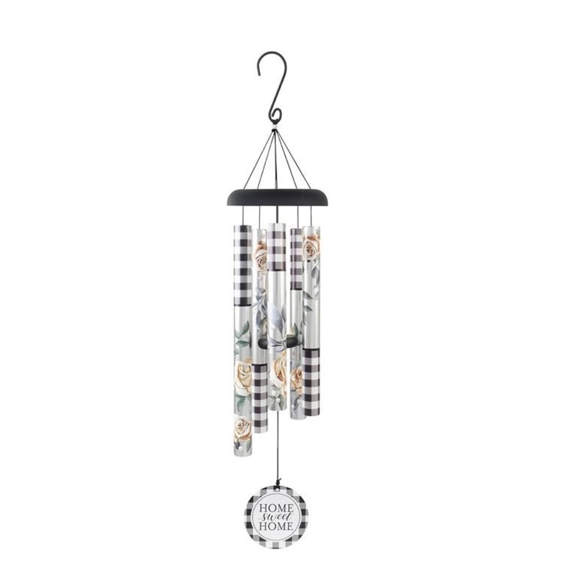 Hanging metal wind chime with plaid tubes and a round "Home Sweet Home" tag