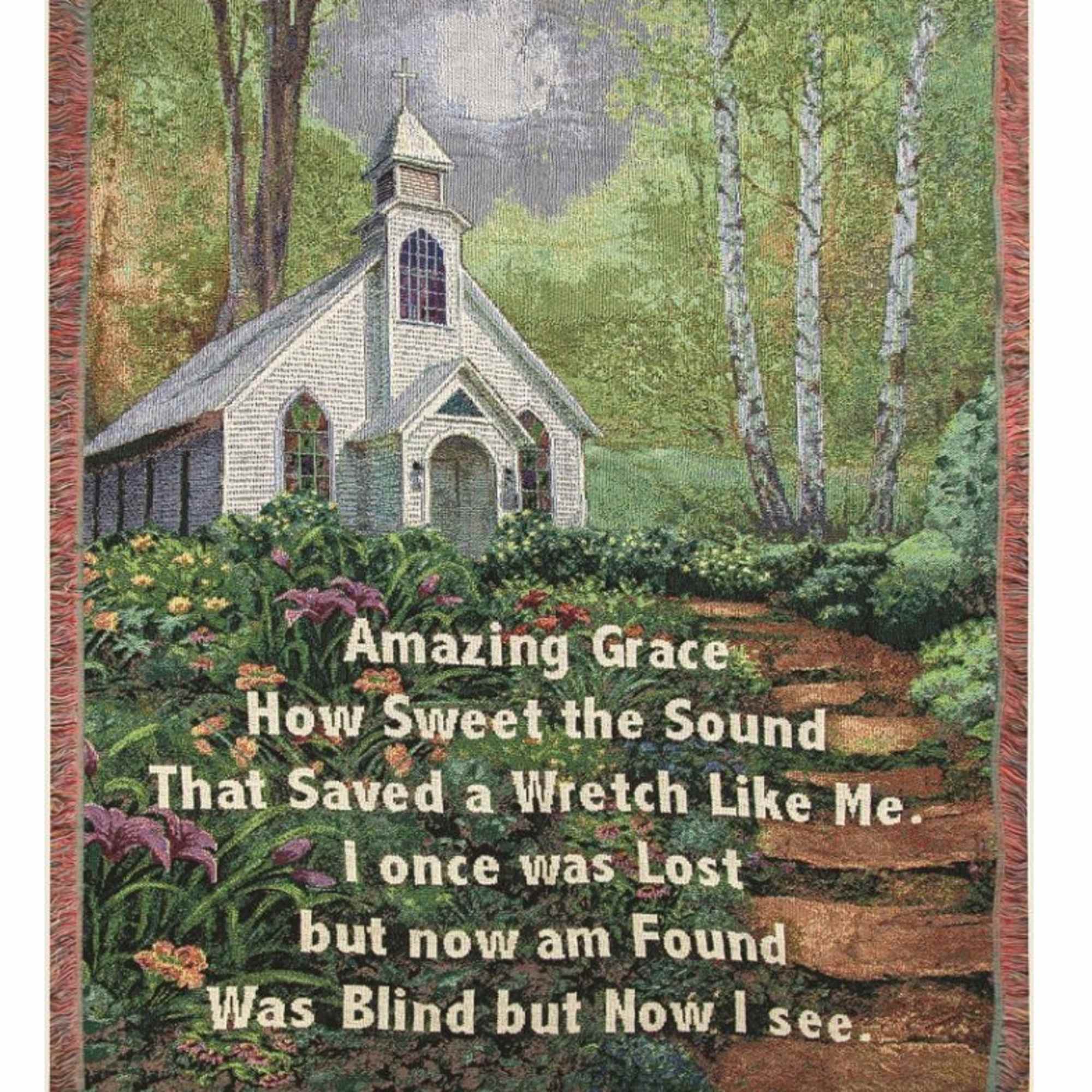 Tapestry of a small church in a flower garden with hymn text