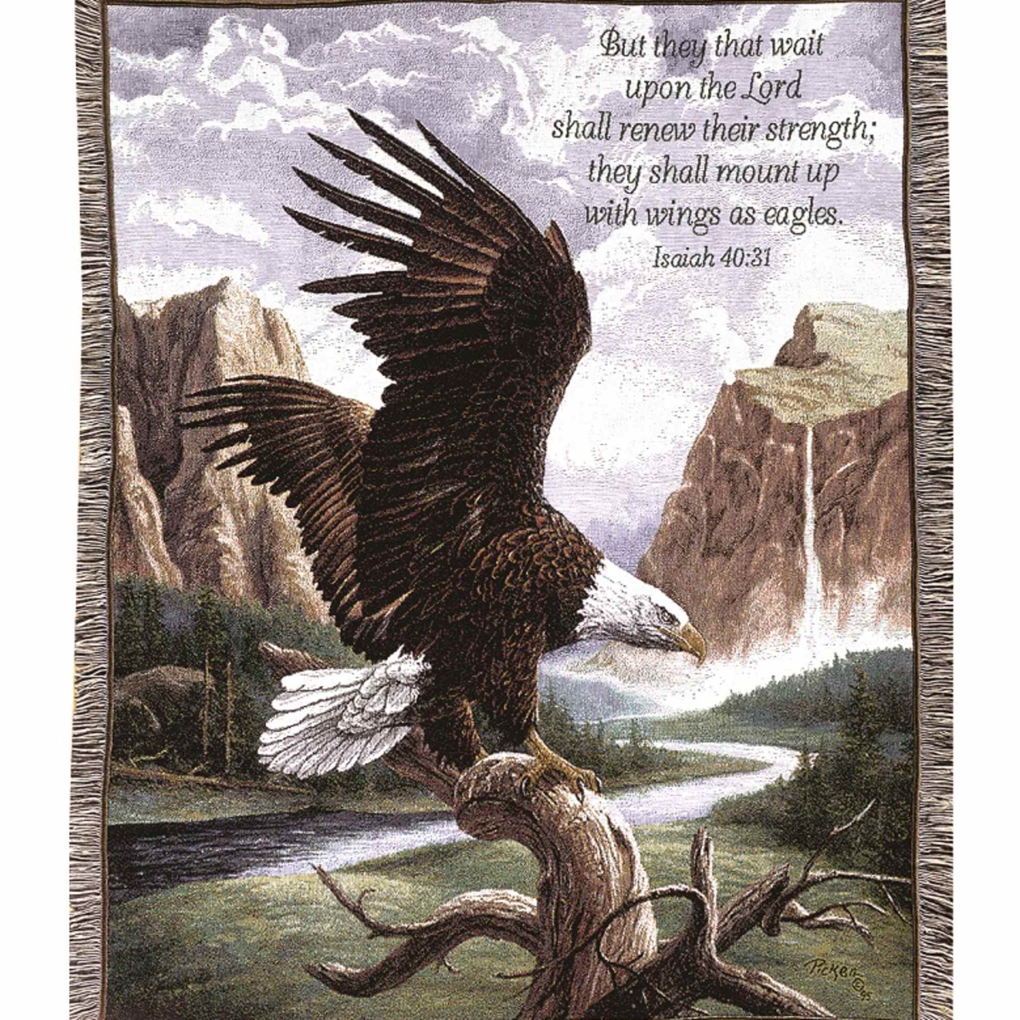 Framed tapestry of a bald eagle with a Bible verse over a mountain landscape