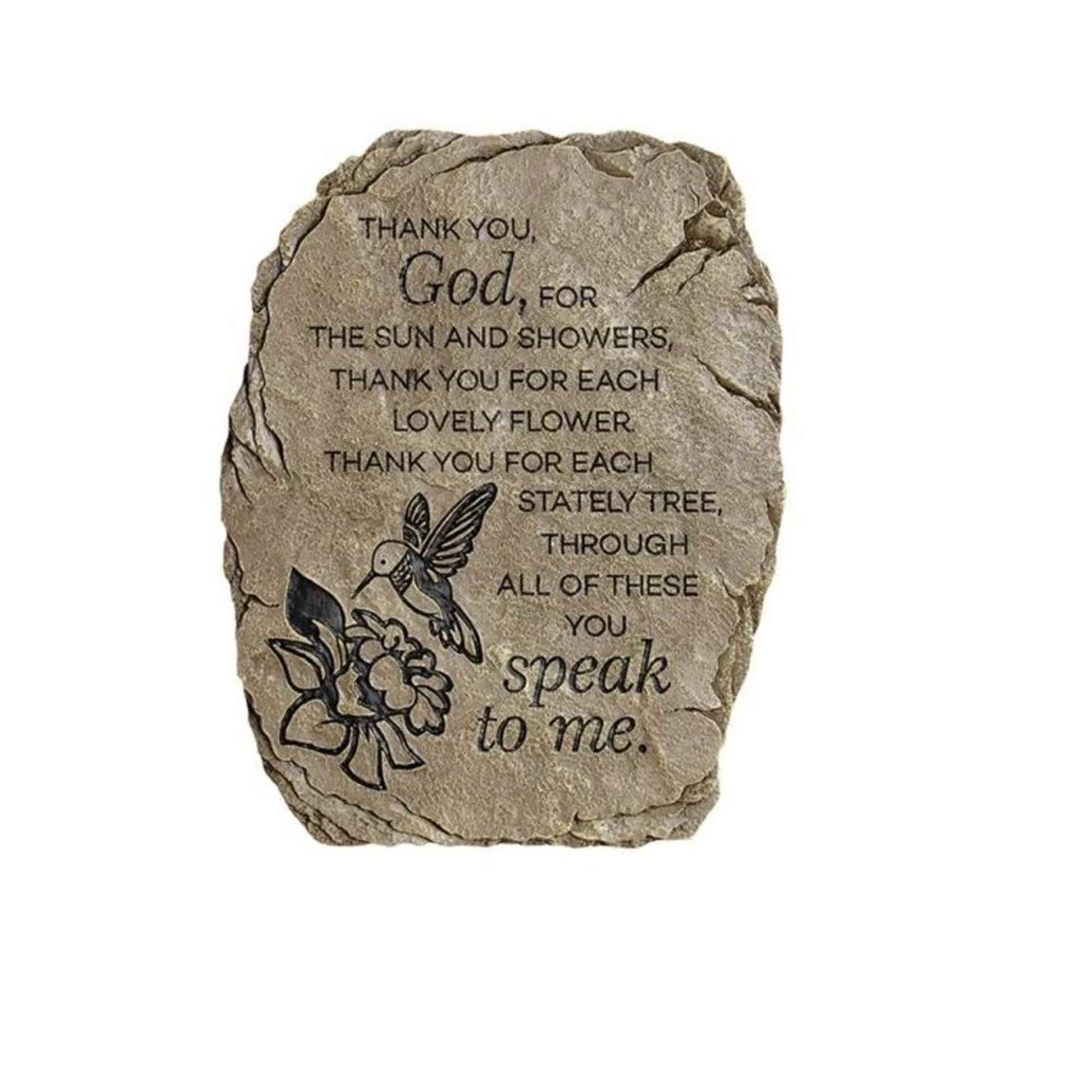 Decorative stone plaque with a floral and hummingbird design and a thank-you verse
