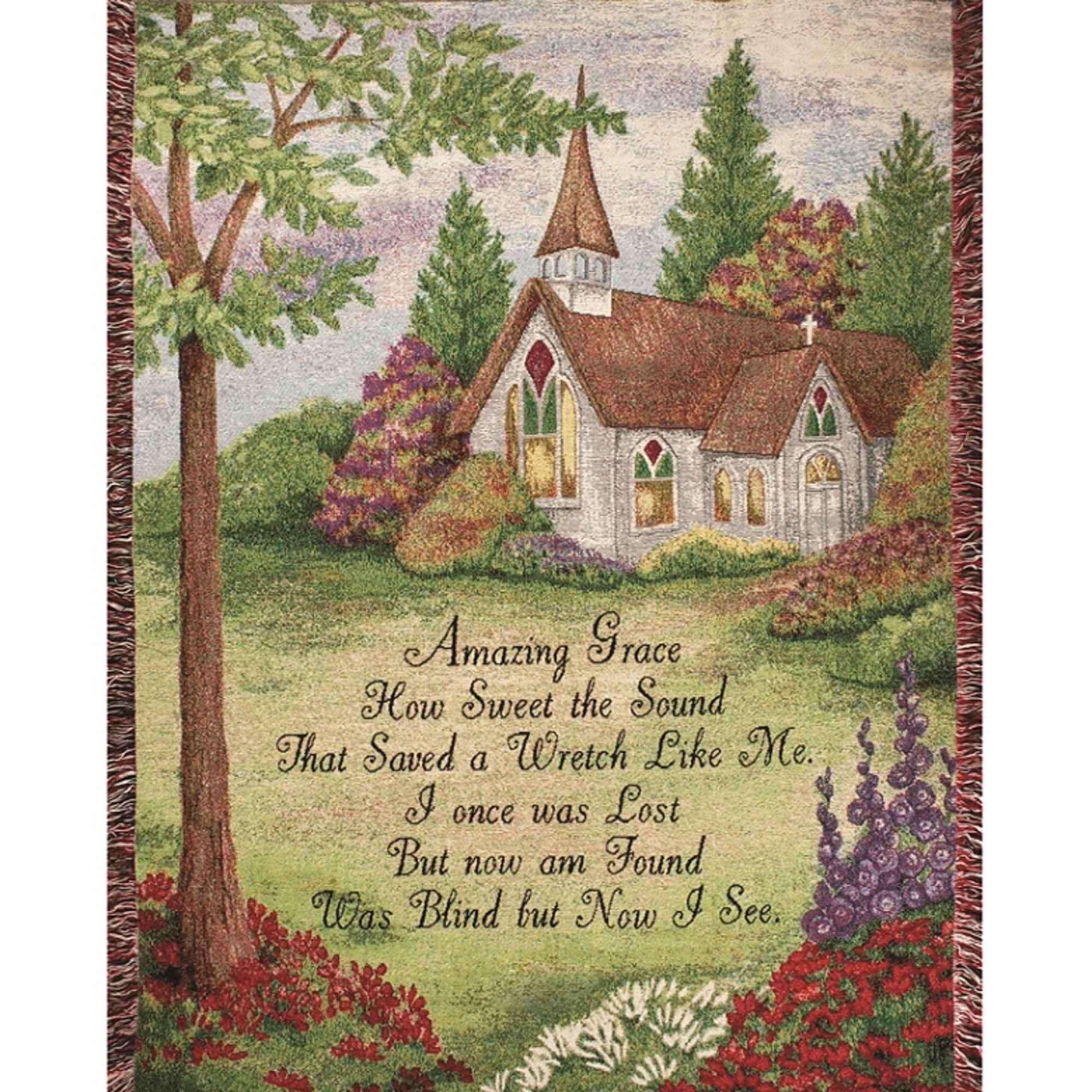 Decorative woven throw with a church scene and the words Amazing Grace