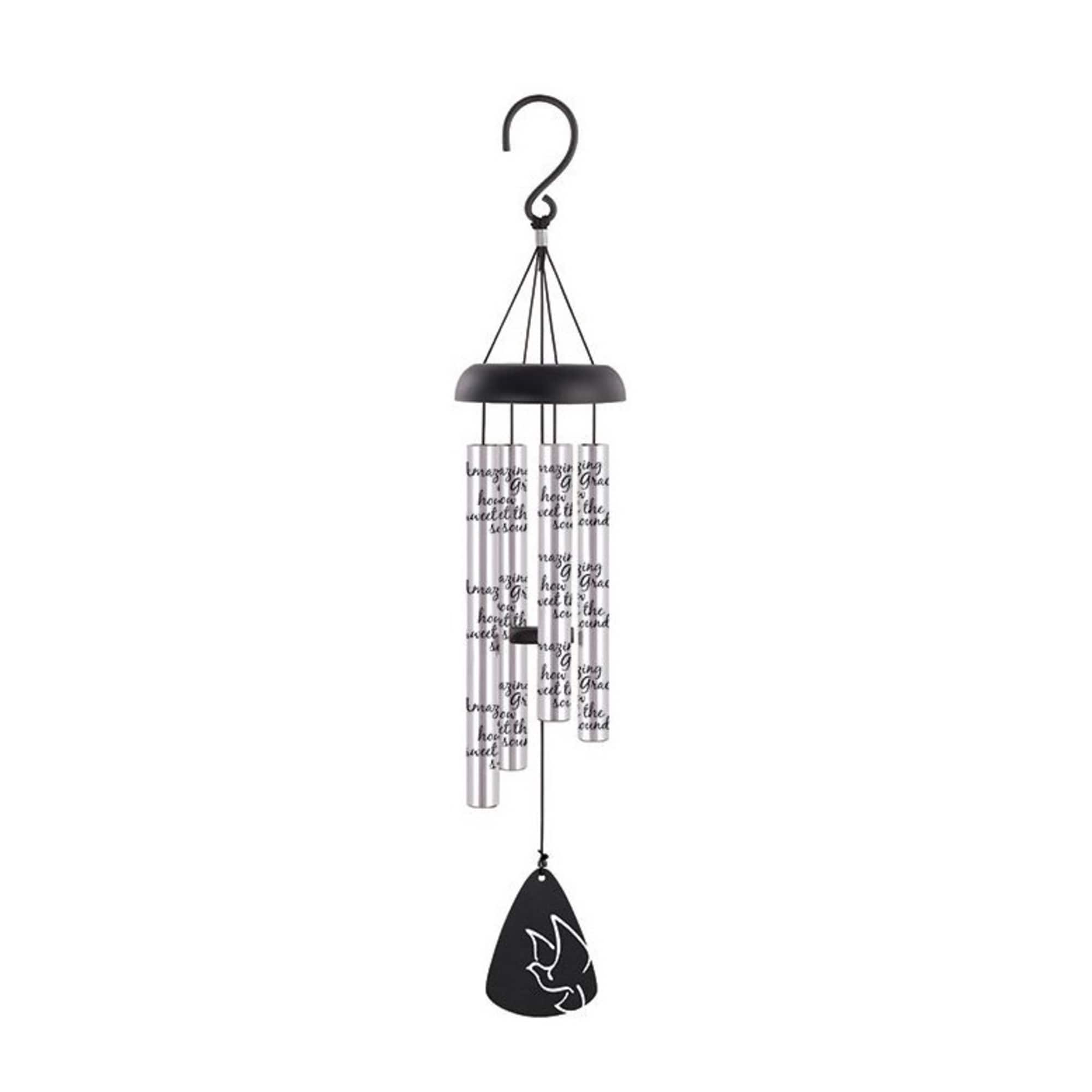 Black and silver wind chime with a dove pendant