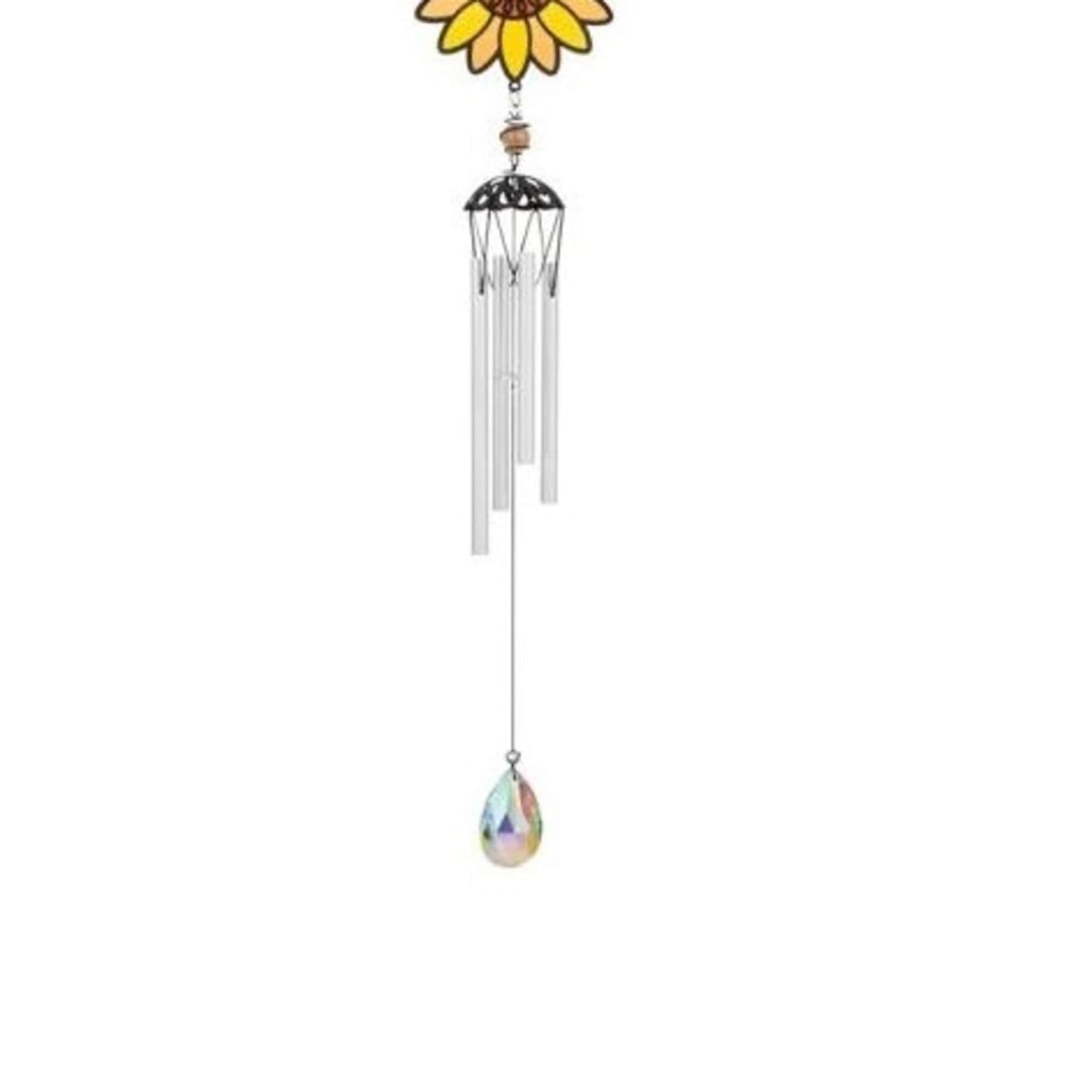 Sunflower-shaped hanging wind chime with a crystal drop