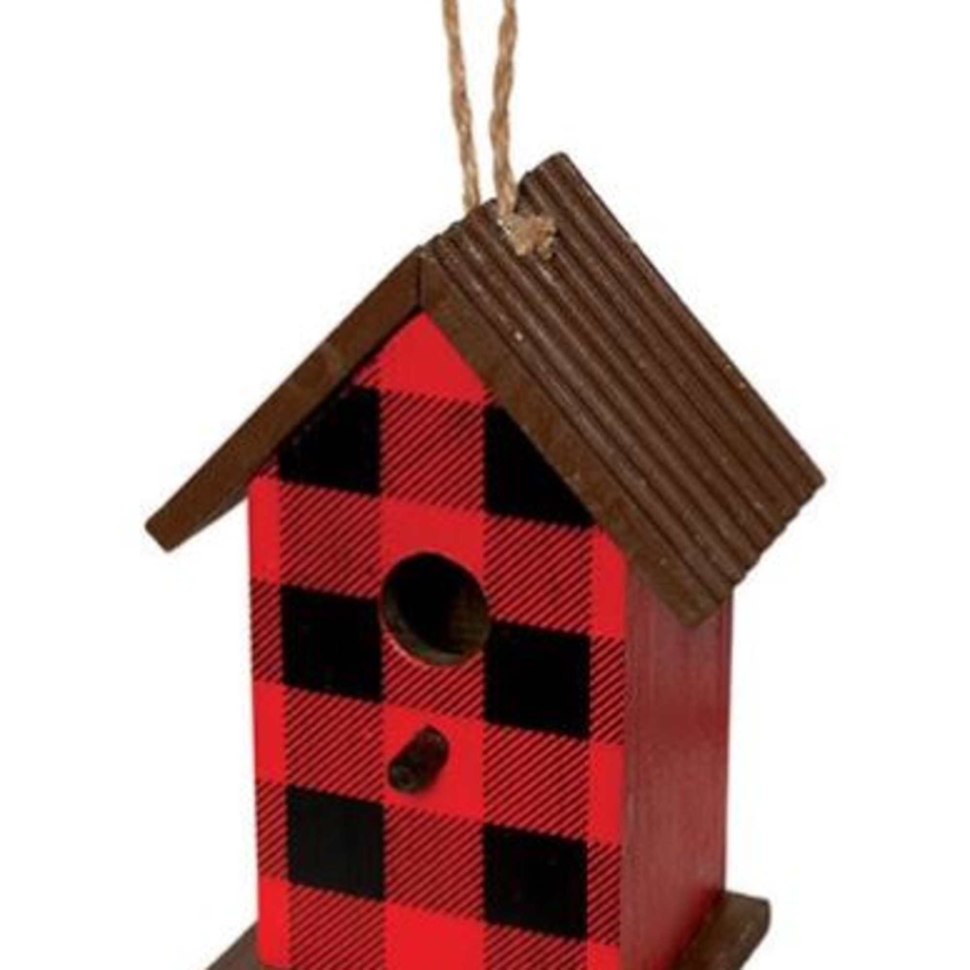 Red and black plaid wooden birdhouse with a rope hanger