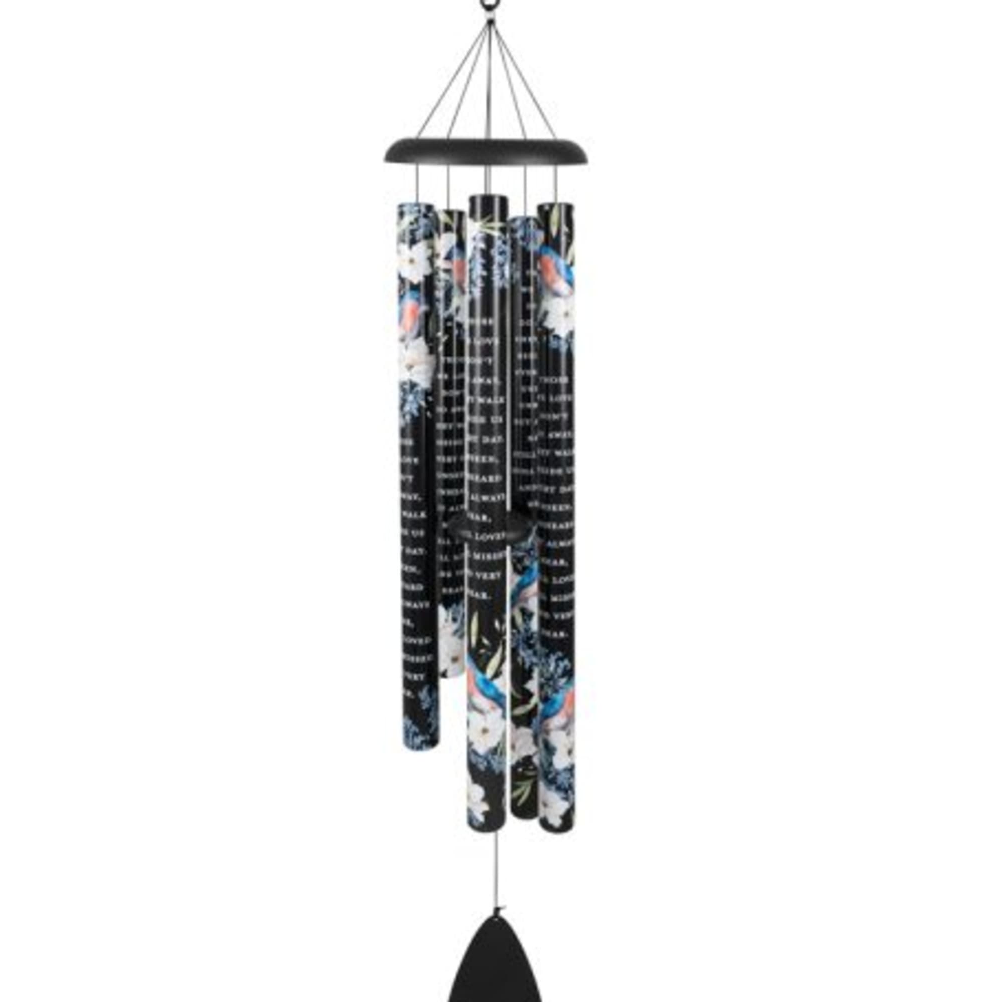 Black hanging wind chime with floral-patterned tubes
