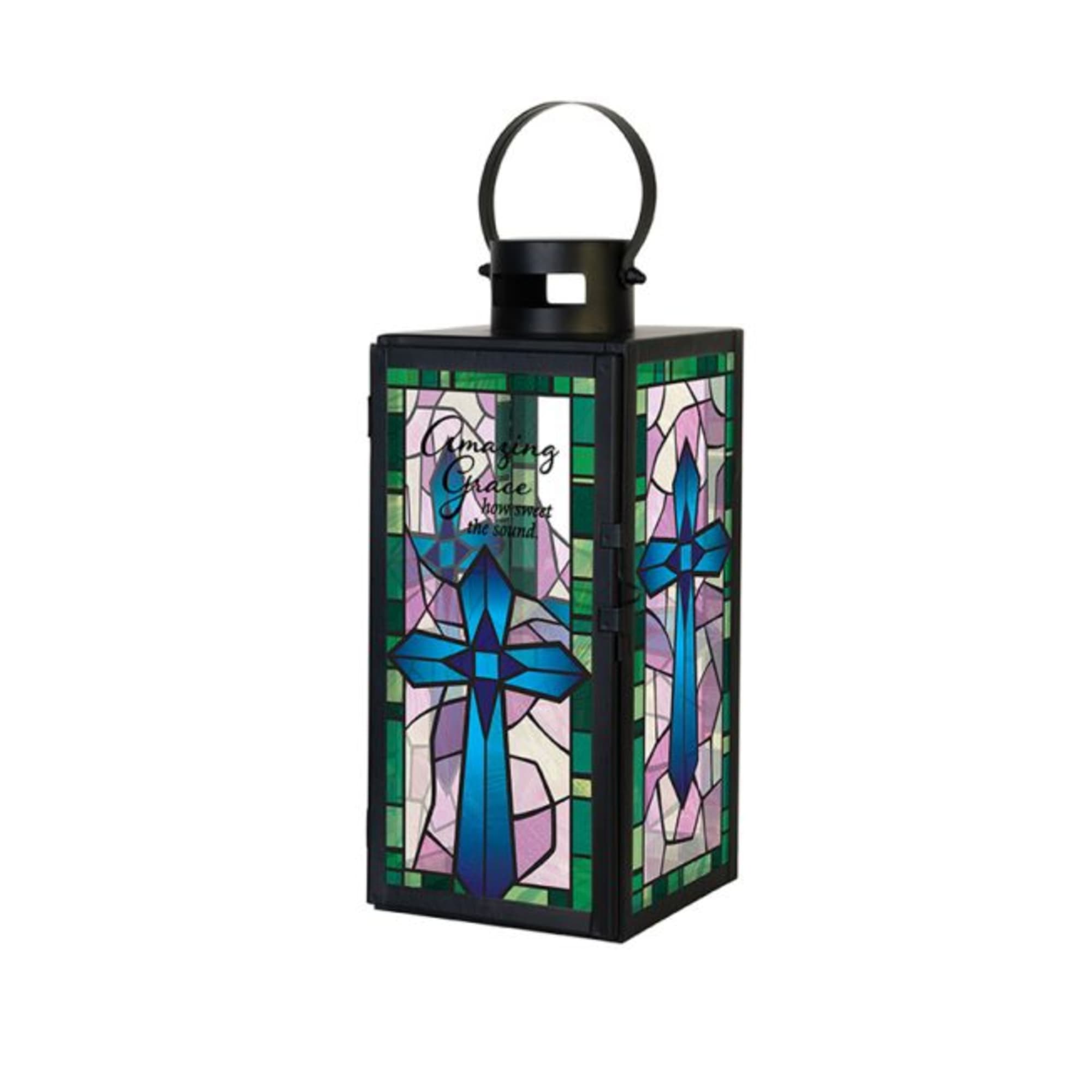 Decorative lantern with stained-glass cross panels