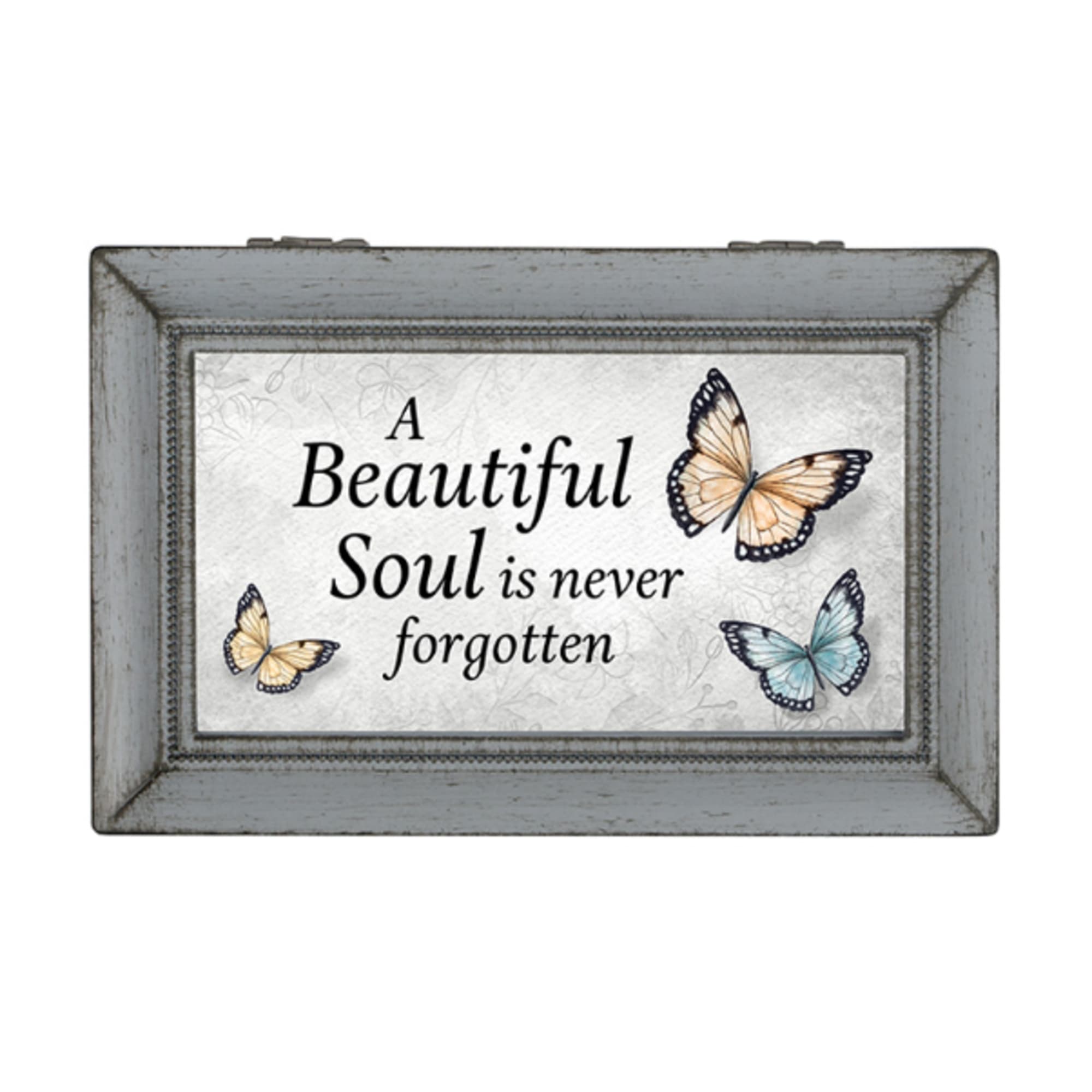 Framed memorial sign with butterflies and the words "A Beautiful Soul is never forgotten"