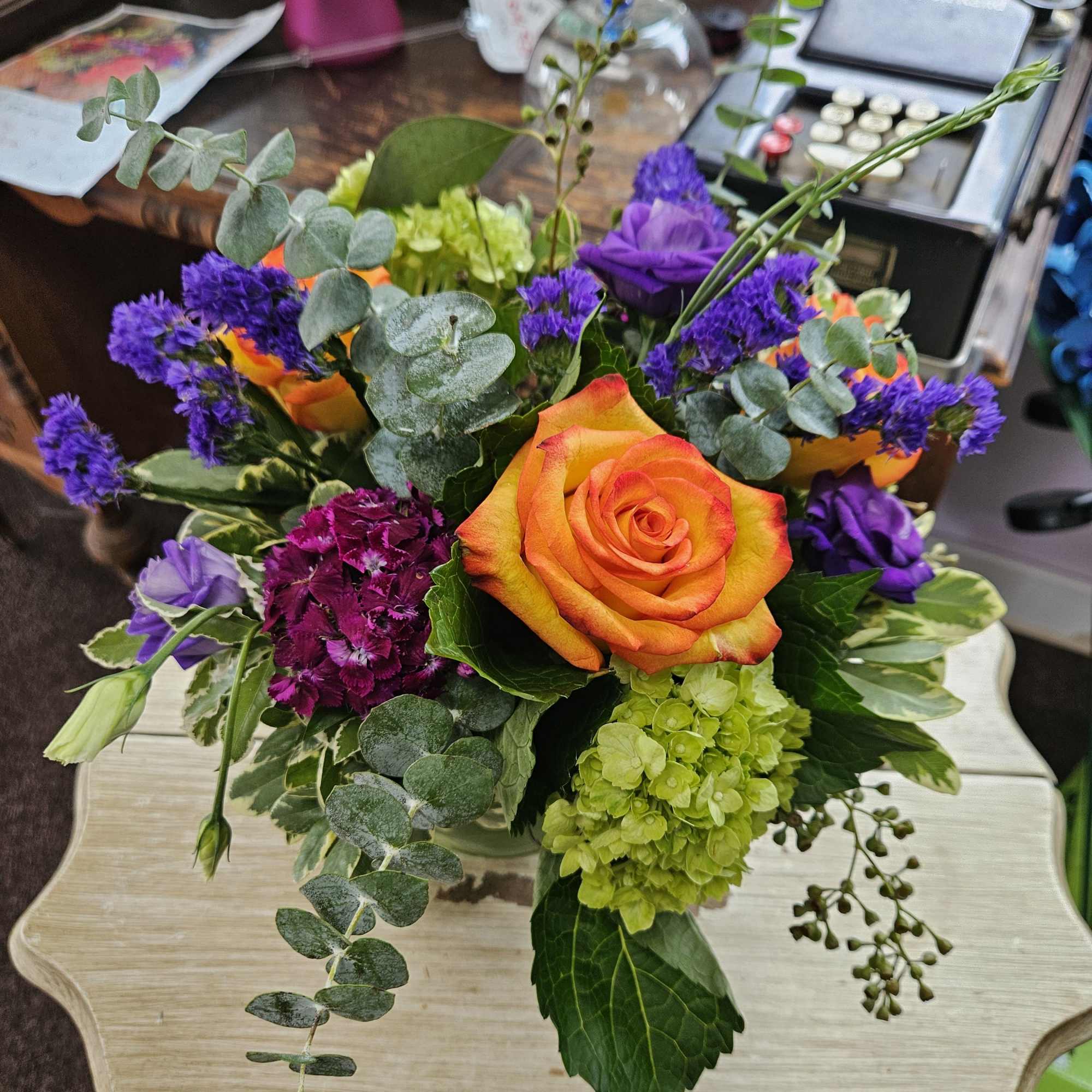 Bi-color yellow and red high &amp; magic roses with pops of purple