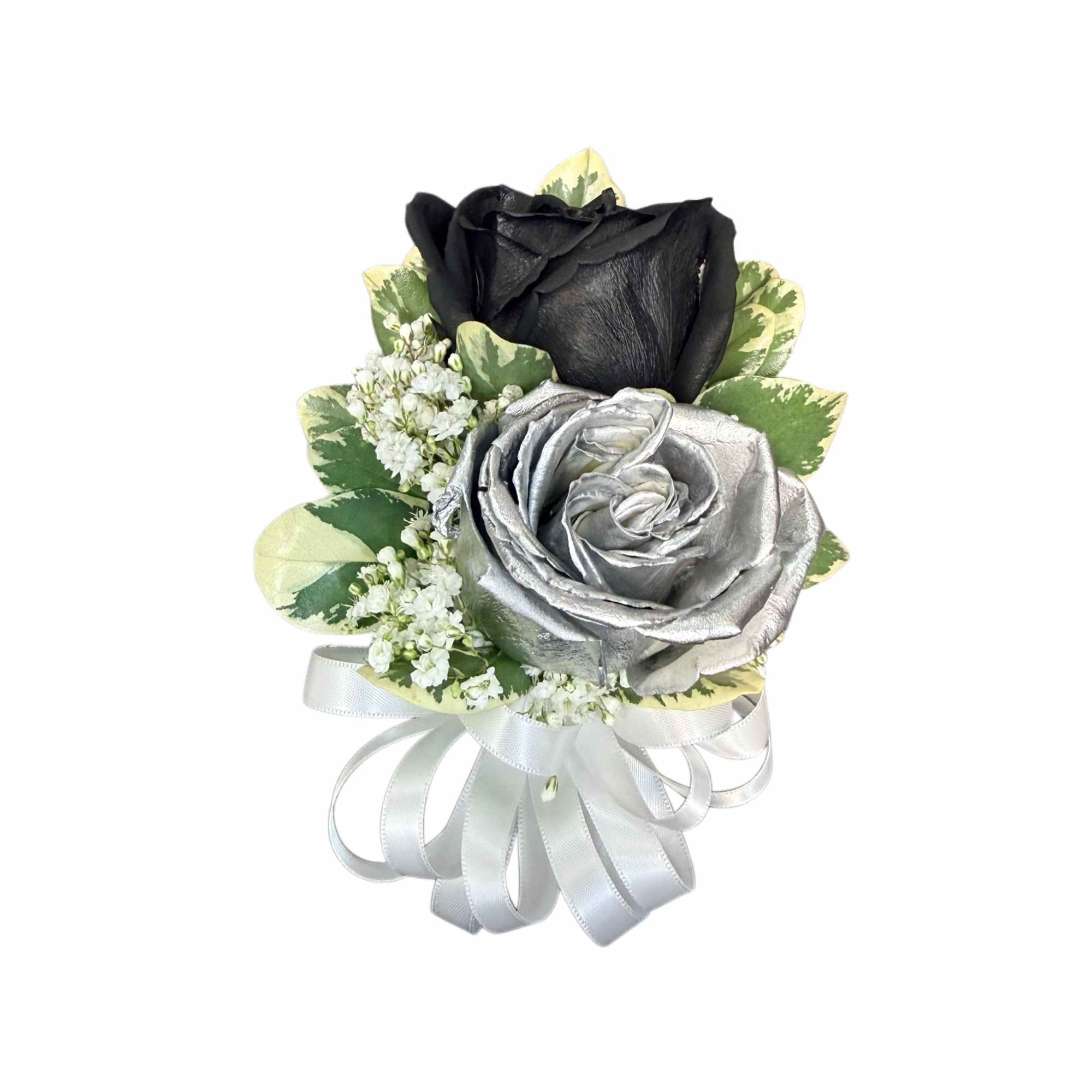 Corsage for prom, black and silver roses, and silver ribbon 