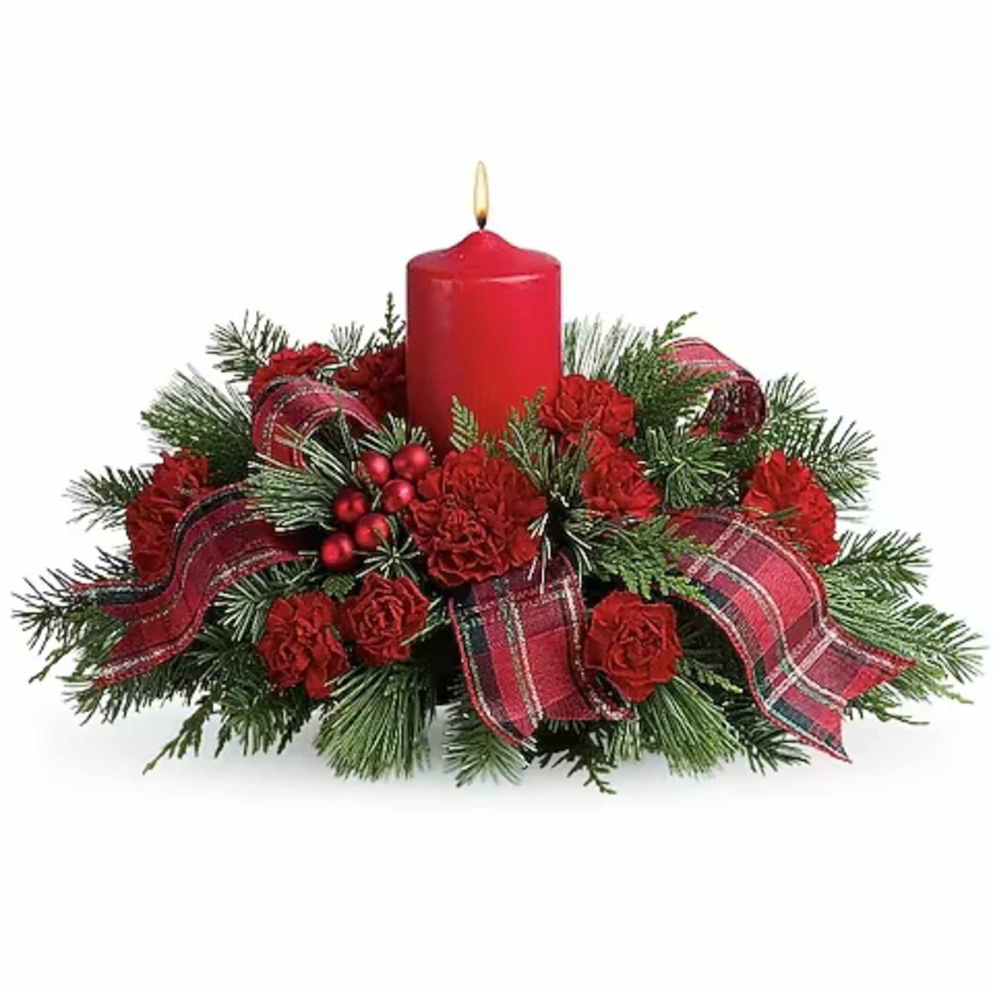 Red candle centerpiece with pine, red flowers, and plaid ribbon