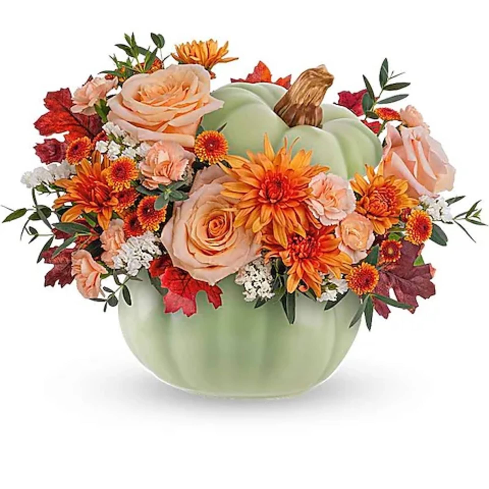 Pumpkin-shaped vase with peach and orange flowers