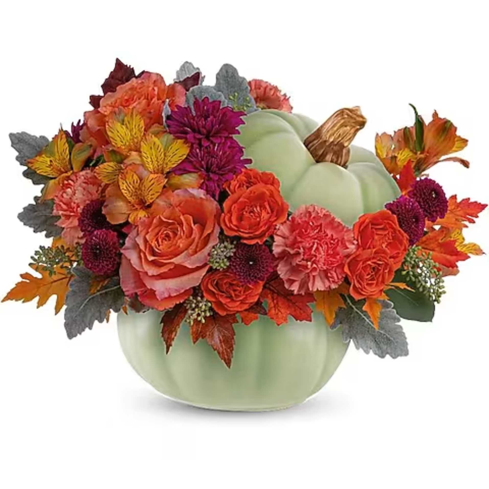 Autumn floral arrangement in a pale green pumpkin vase