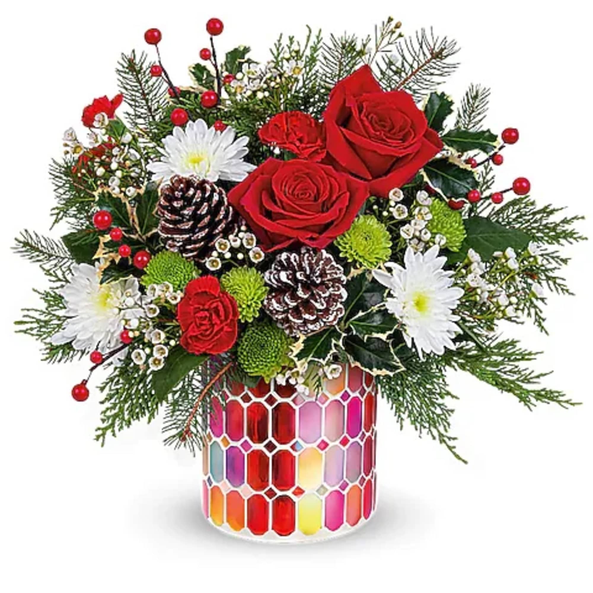 Red roses and white daisies in a colorful mosaic vase